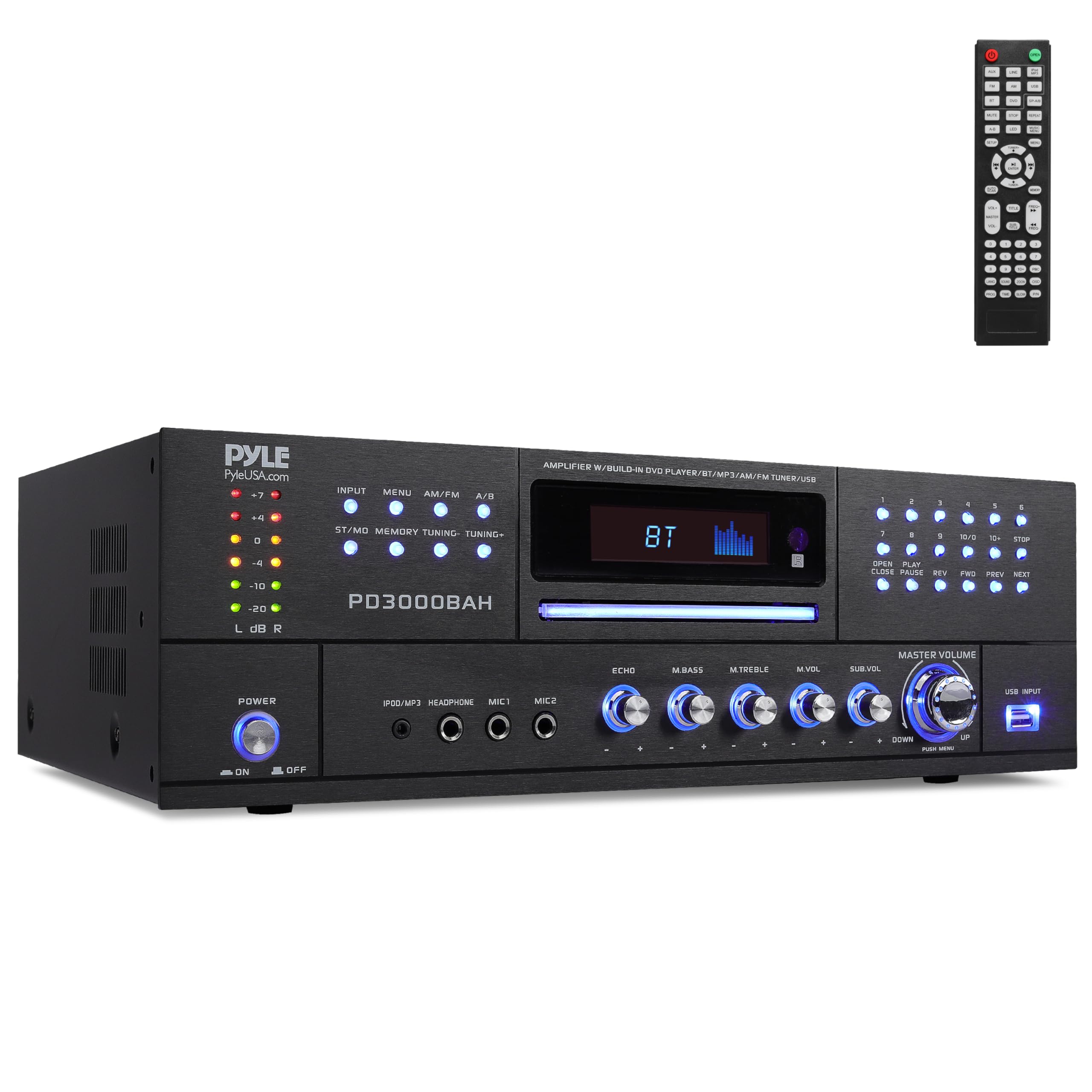 PYLE AMPLIFIER W/ BUILD-IN DVD PLAYER/BT  
PyleUSA.com  
MP AM/FM JUNER/UCS  

INPUT MENU AM/FM A/B  
ST/MO MEMORY TUNING - TUNING -  
-4 -10 -20 P300 L OR R  

- PES Ae das Pauta Su e 0 1 1 f sue FOEU O EEN MBASS . FREBLE Vm MASTER VOLUME SBVEL POWER 00/MP3 HEADPHONE MIC MILE L a aow - N OF