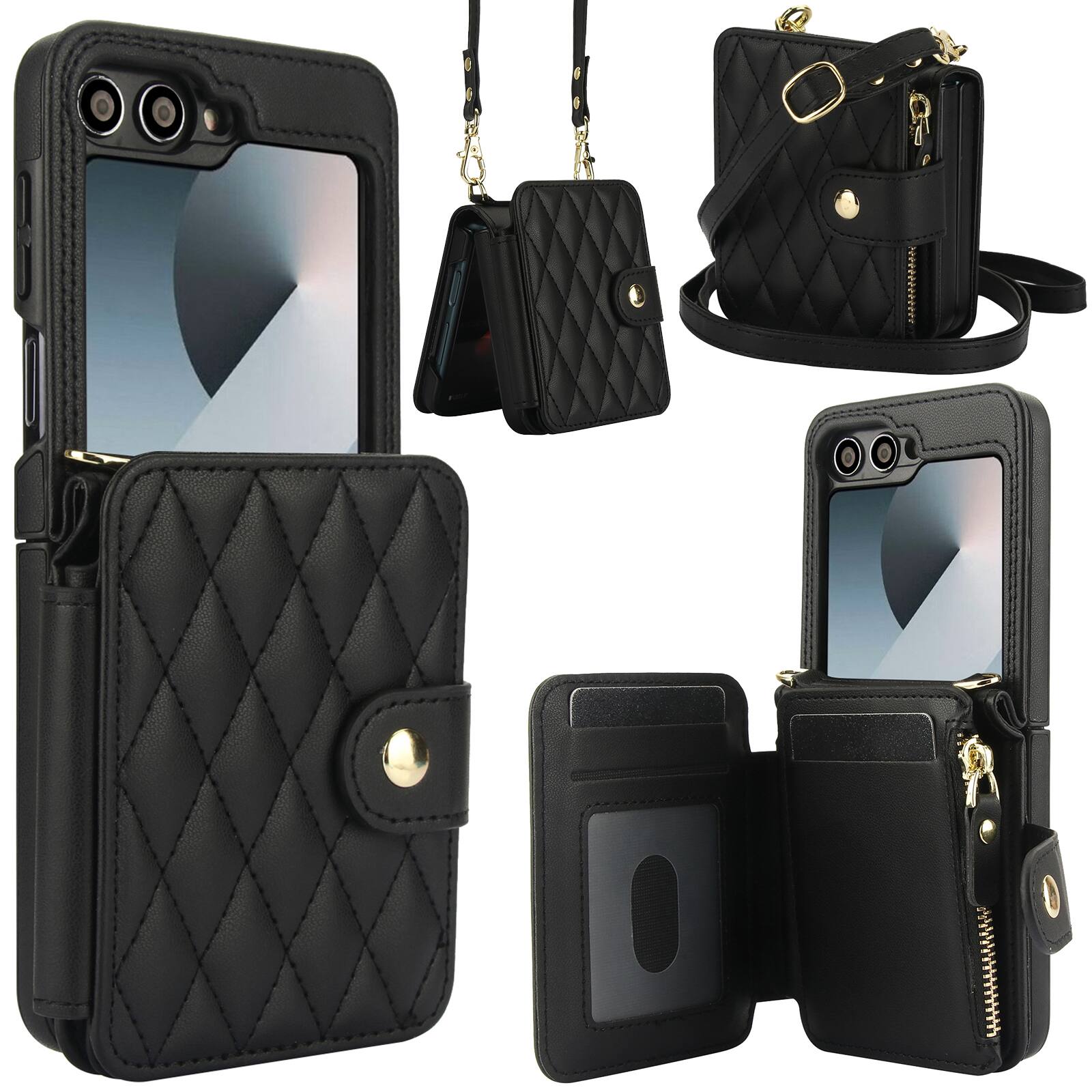 Front. Dteck - Crossbody Quilted PU Leather Wallet Case for Samsung Galaxy Z Flip6,Shock-absorbent RFID Card Pocket Back Cover+Strap - Black.