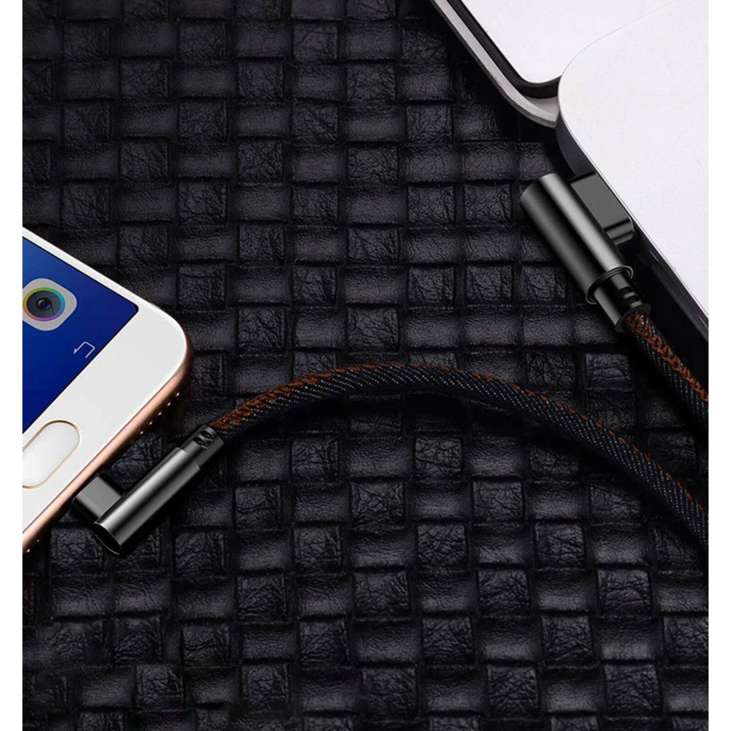 Left. Stock Preferred - 6ft 90° Right Angle Braided Lightning Cable for iPhone 14/13/12/11 Pro Max – Fast Charging & Data Sync.