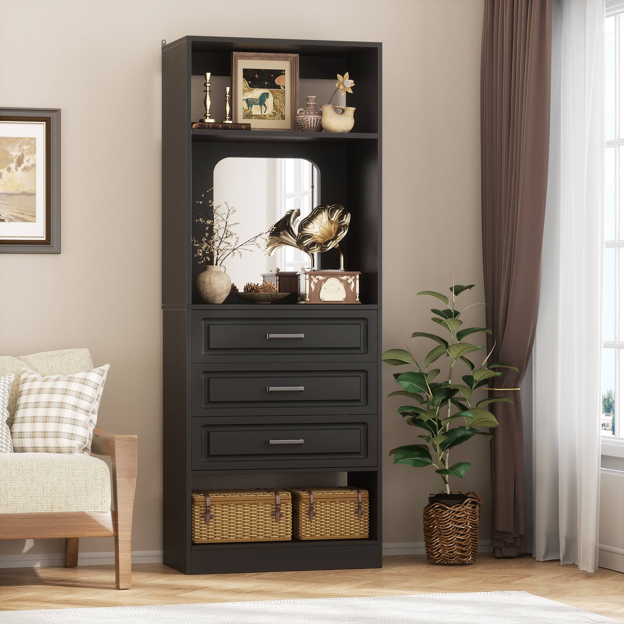 Aheaplus - 25'' Freestanding Wardrobe Closet Tower with 3 Drawers and Mirror, Storage Unit for Closet/Bedroom - Black price history on PriceWatchPro
