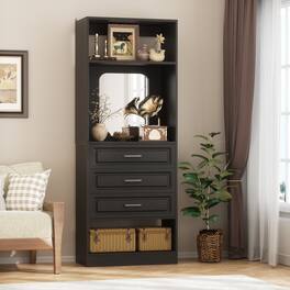 Aheaplus - 25'' Freestanding Wardrobe Closet Tower with 3 Drawers and Mirror, Storage Unit for Closet/Bedroom - Black