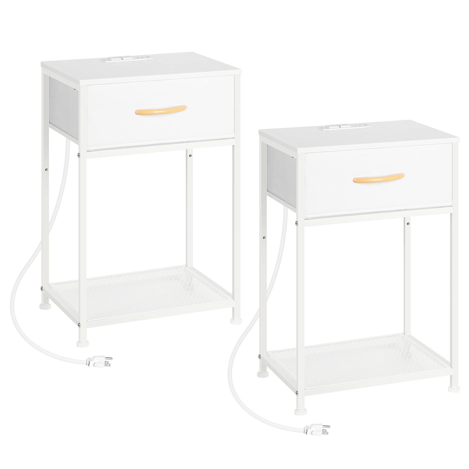 Alt View 2. Oumilen - Set of 2 End Tables with Fabric Drawer, Mesh Shelf & Charging Station, White - White.