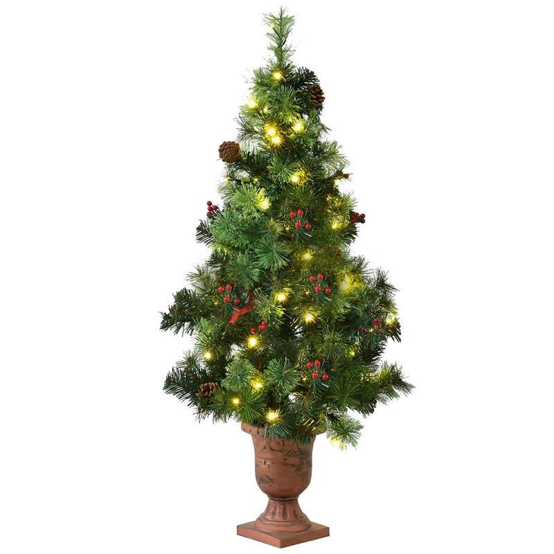 Angle. WELLFOR - 3 ft Pre‑Lit Pre‑Decorated Artificial Christmas Tree with Warm‑White LEDs, Red Berries & Pine Cones - Green.