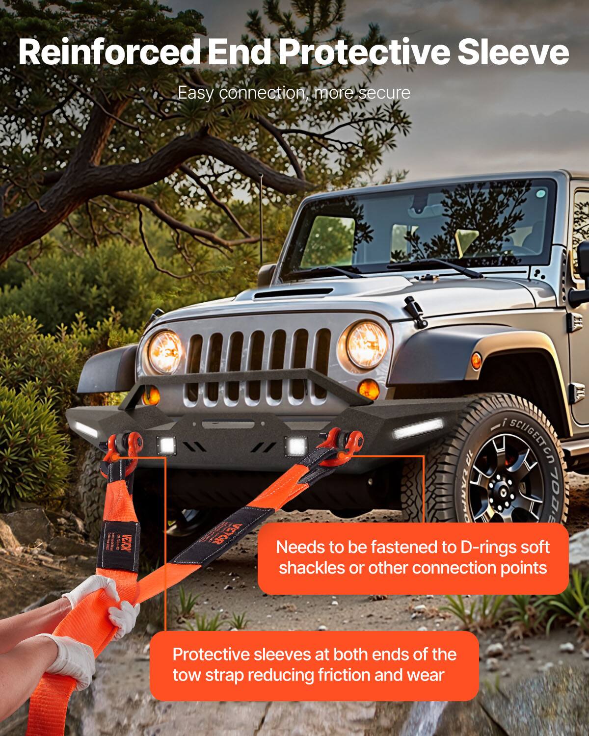 Reinforced End Protective Sleeve  
Easy connection, more secure  

Needs to be fastened to D-rings, soft shackles, or other connection points  

Protective sleeves at both ends of the tow strap reducing friction and wear