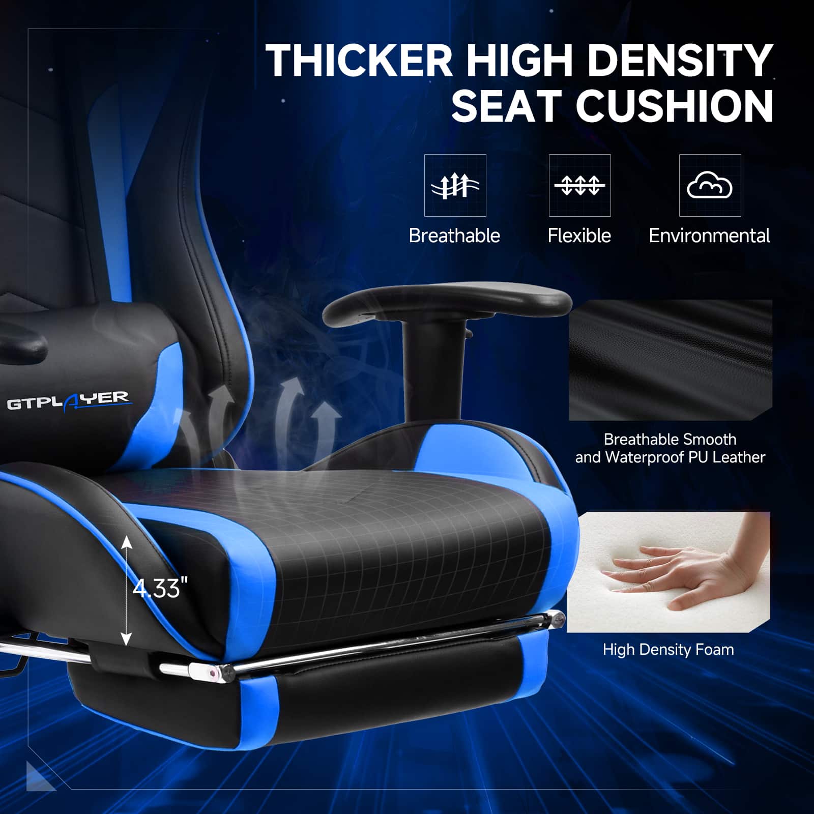 THICKER HIGH DENSITY SEAT CUSHION, Breathable, Flexible, Environmental, GTPLAYER, Breathable Smooth and Waterproof PU Leather, 4.33", High Density Foam