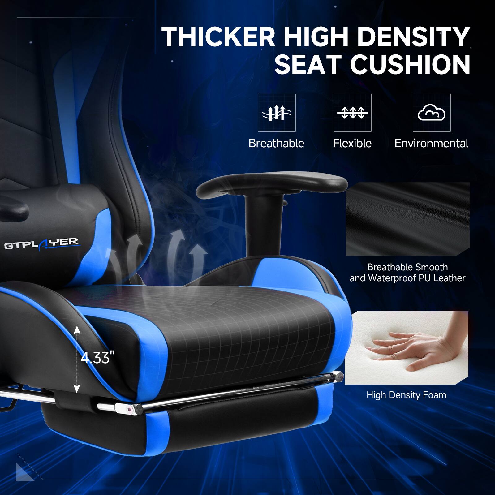 THICKER HIGH DENSITY SEAT CUSHION, Breathable, Flexible, Environmental, GTPLAYER, Breathable Smooth and Waterproof PU Leather, 4.33", High Density Foam