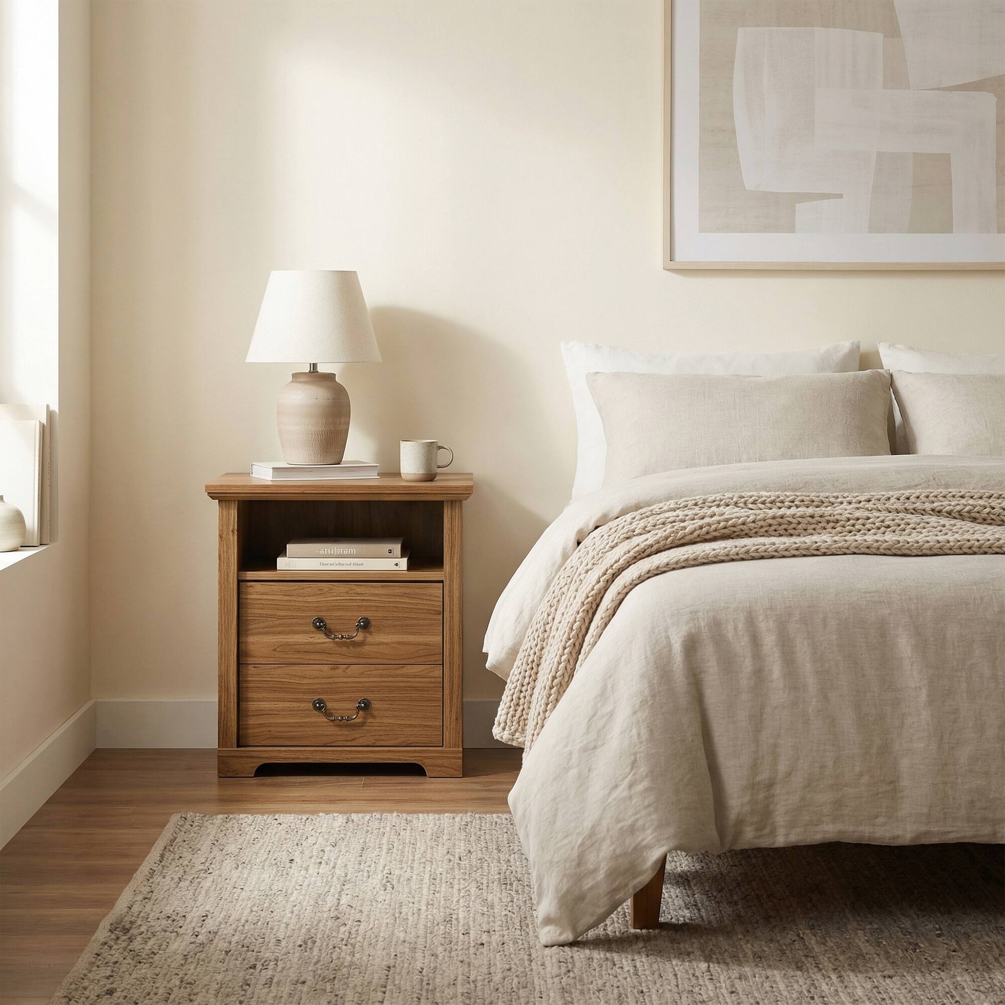 Angle. Vaczon - Rustic Walnut Nightstands (Set of 2) with Open Shelf and 2 Drawers - Walnut.
