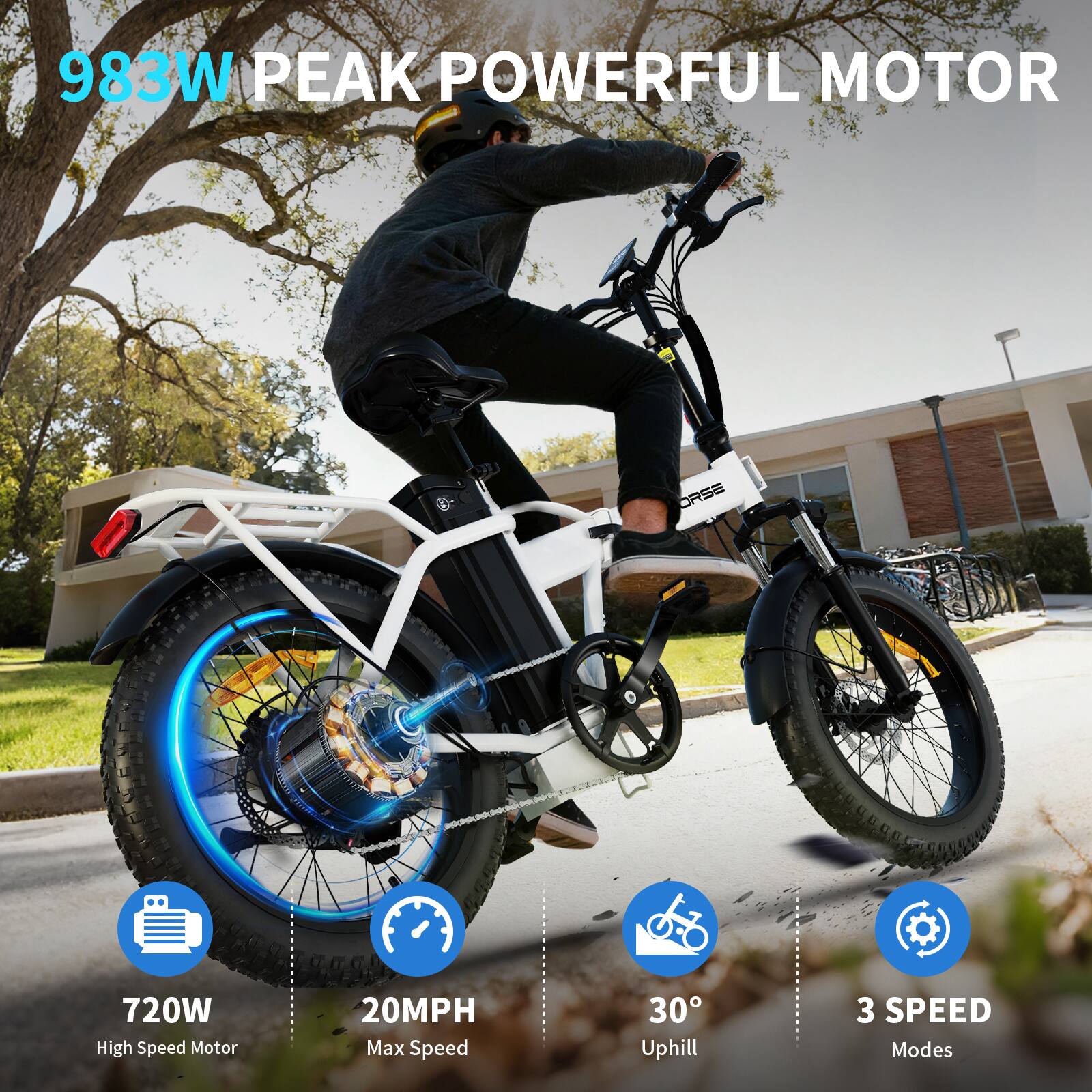 983W Peak Powerful Motor  
720W High Speed Motor  
20MPH Max Speed  
30° Uphill  
3 Speed Modes