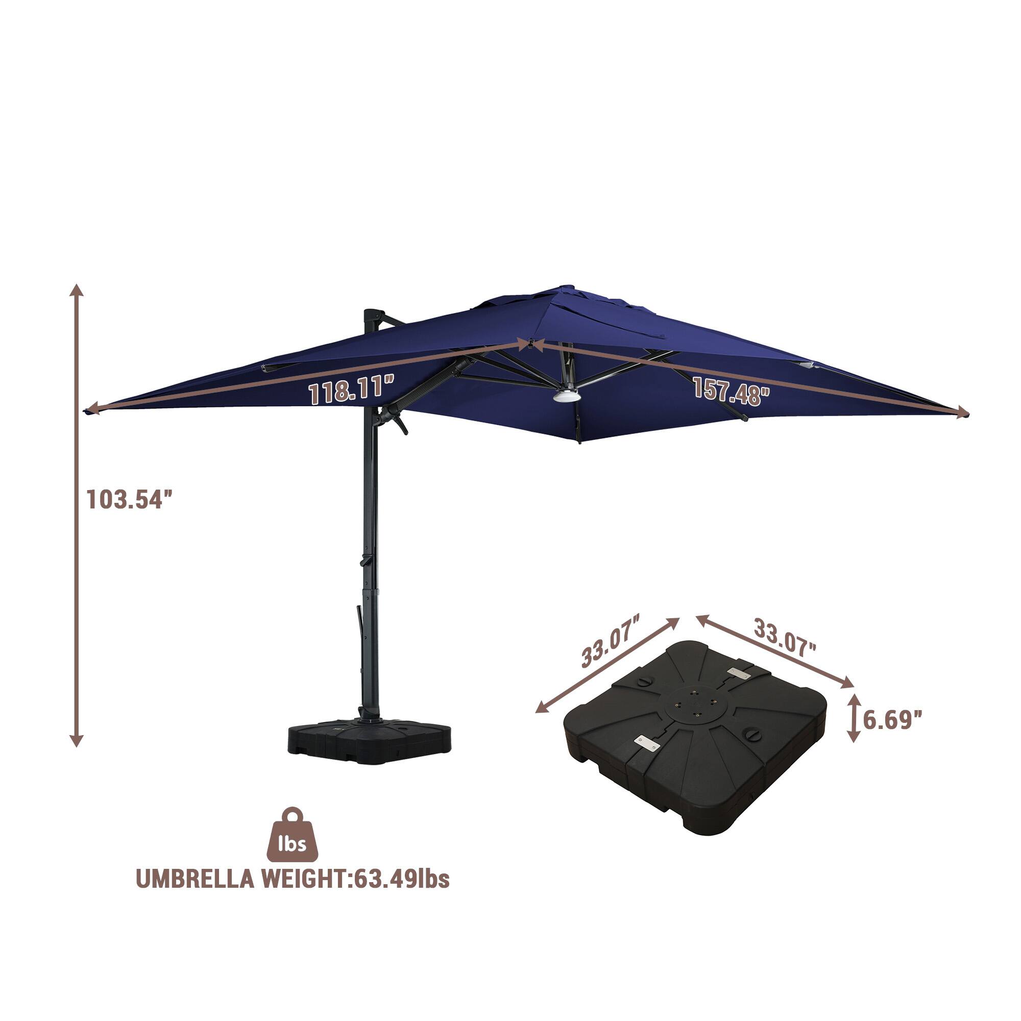 118.11"  
157.48"  
103.54"  
33.07"  
33.07"  
6.69"  
lbs  
UMBRELLA WEIGHT: 63.49lbs