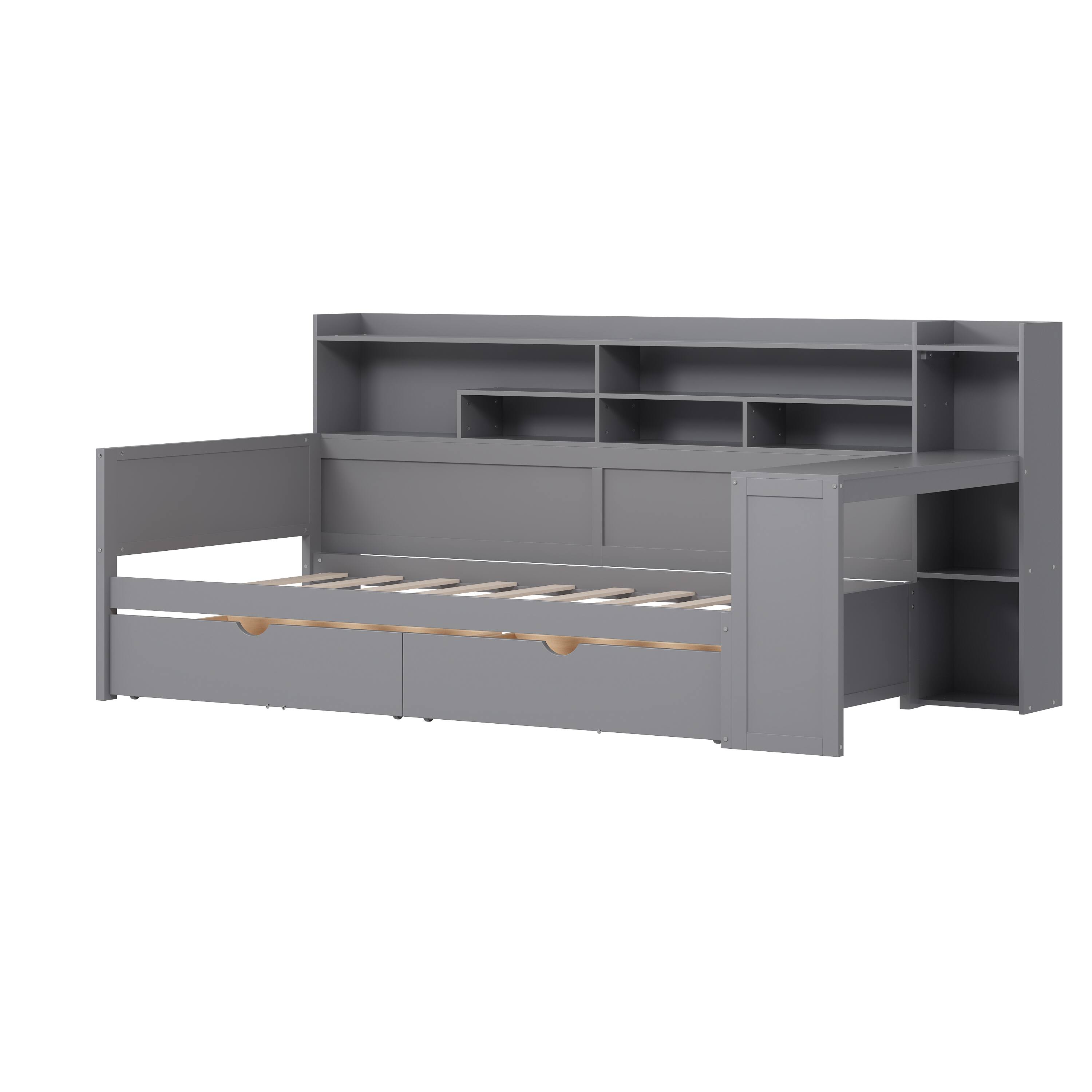 Alt View 5. Tiramisubest - Wooden Twin Size Daybed with Storage Shelves, Multi-functional Bed with Two Storage Drawers and  Study Desk, Gray - Gray.