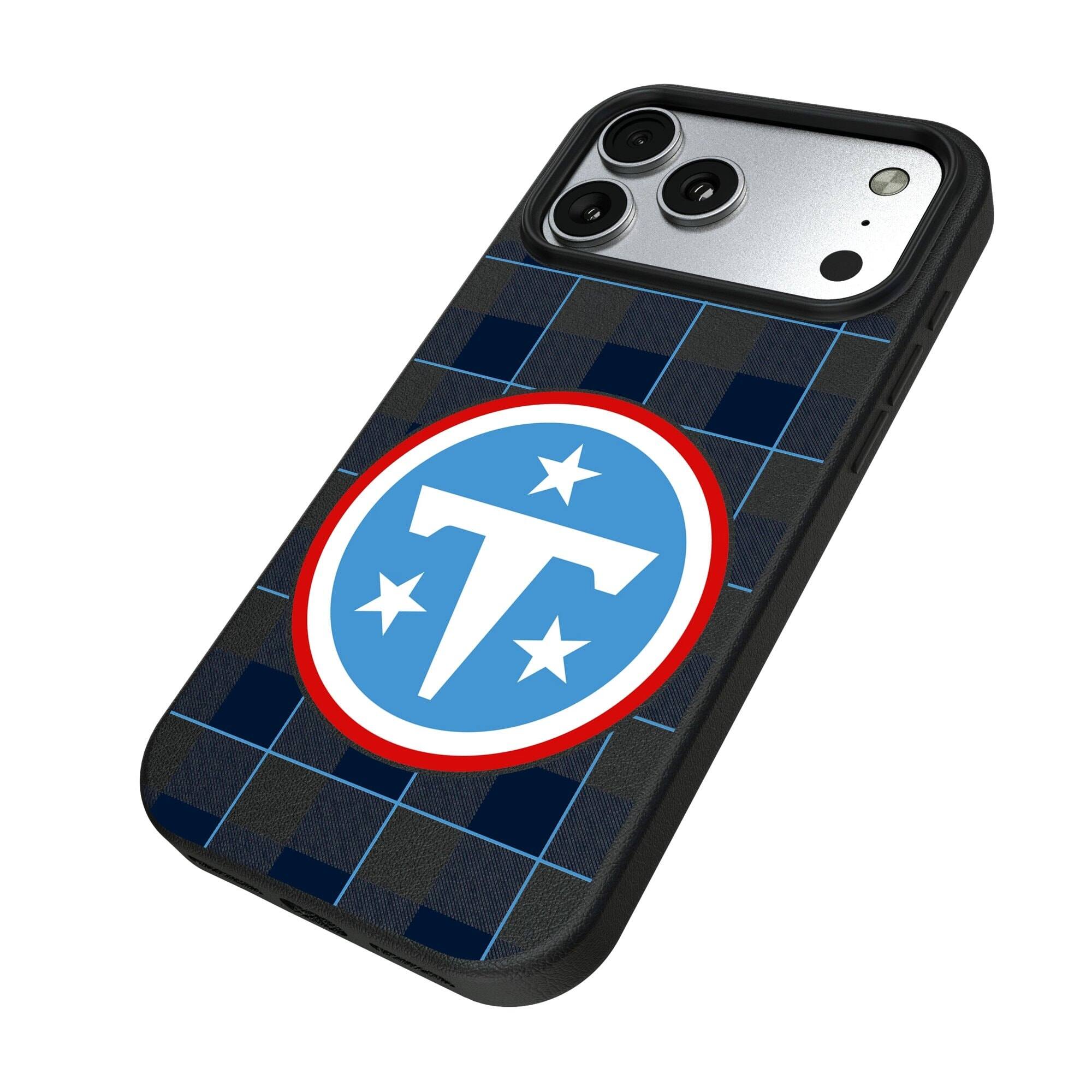 Alt View 1. Keyscaper - Tennessee Titans Plaid Magnetic Bump iPhone Case - 16 Pro - Black.