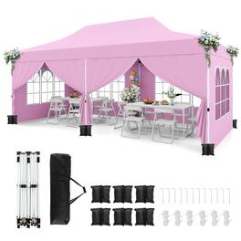 Costway - 10 x 20FT Pop up Canopy Outdoor Canopy Tent with 6 Sidewalls Carrying Bag - Pink
