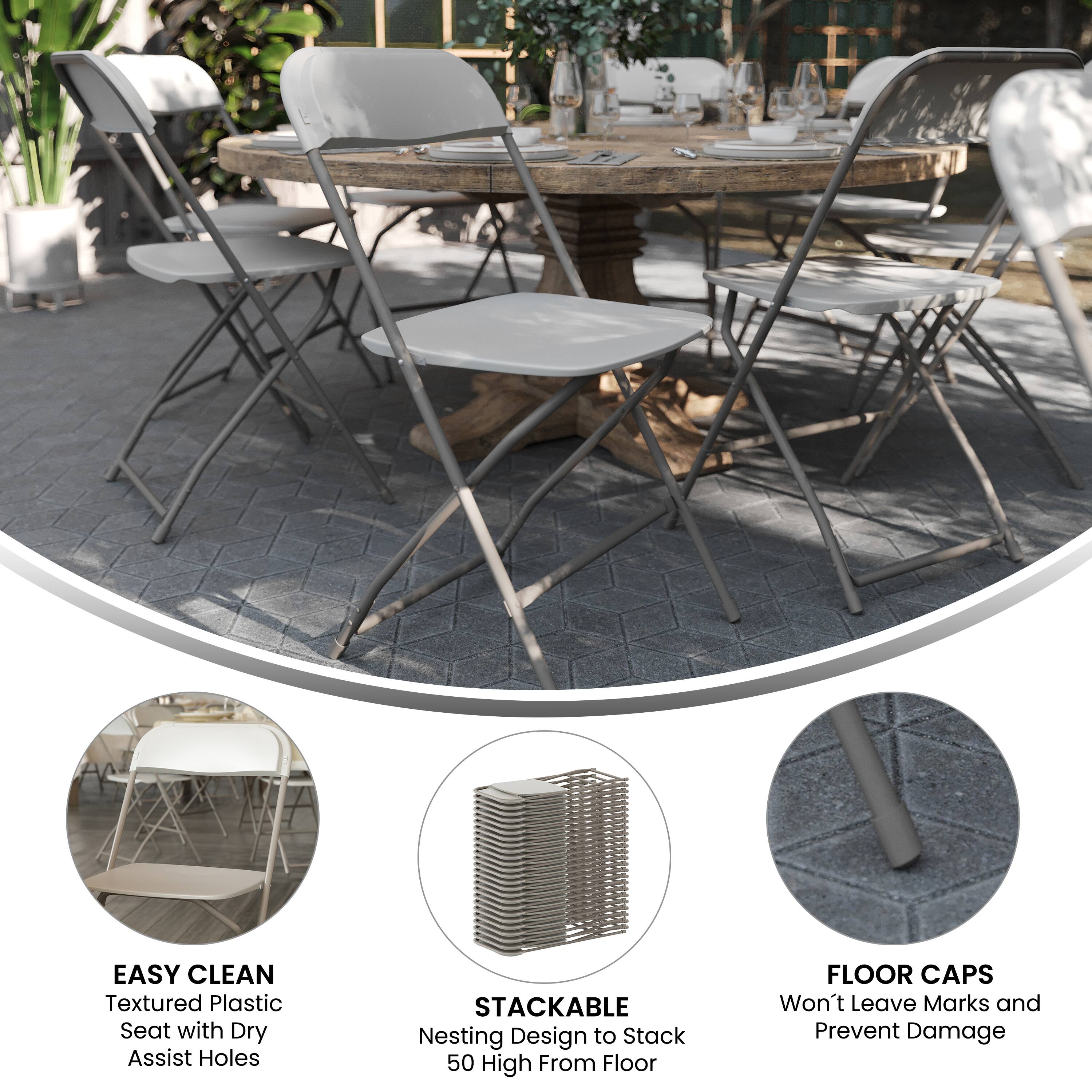 EASY CLEAN  
Textured Plastic Seat with Dry Assist Holes  

STACKABLE  
Nesting Design to Stack 50 High From Floor  

FLOOR CAPS  
Won't Leave Marks and Prevent Damage