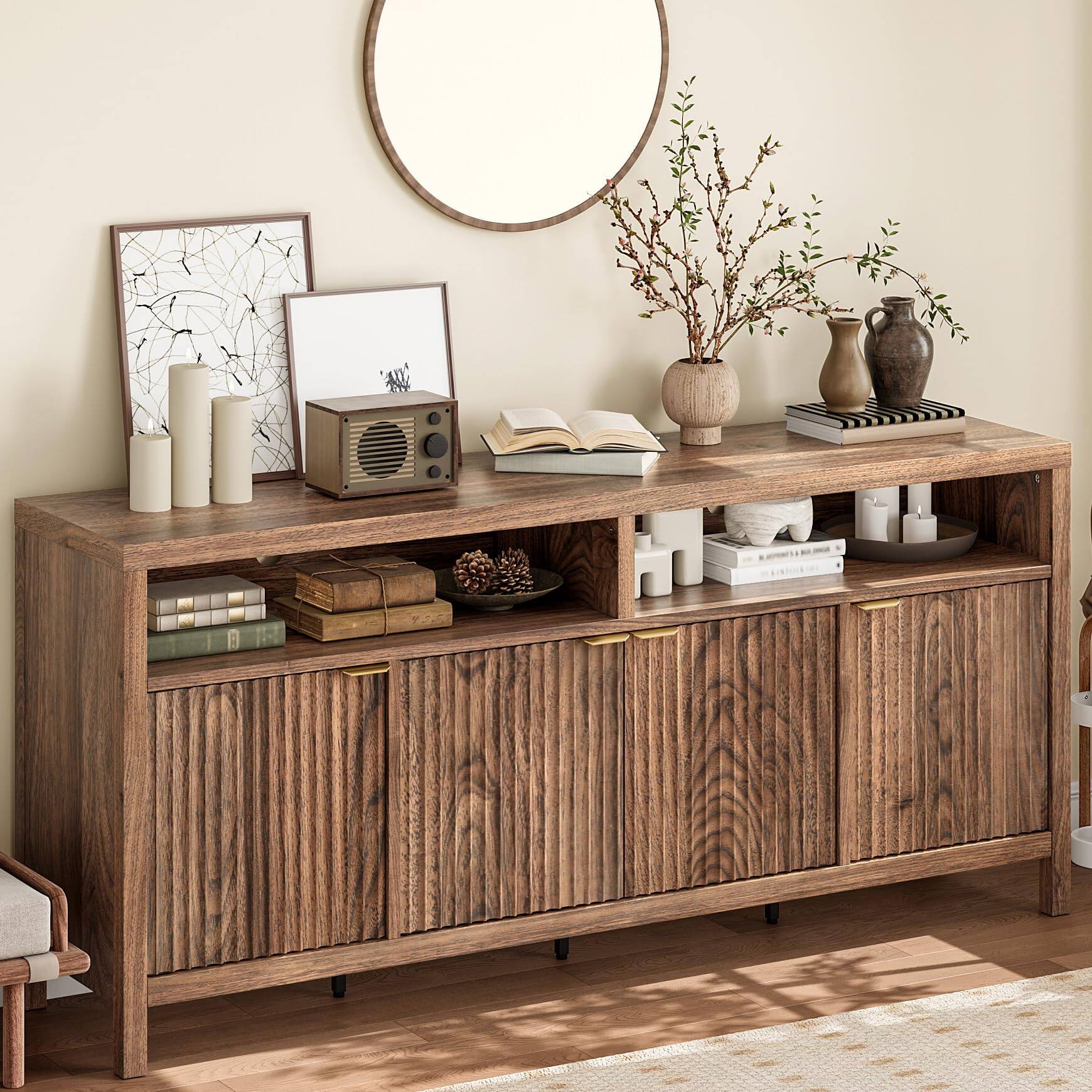 Left. Babevy - 65.8" Fluted Sideboard Buffet Cabinet with 4 Adjustable Shelves, Modern Storage for Dining Room - Walnut.