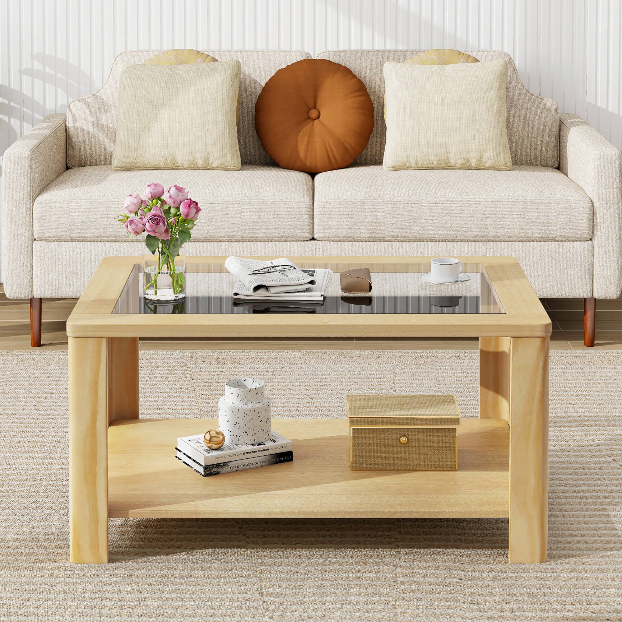 Alt View 4. Gymax - Gymax 2-Tier Coffee Table w/ Tempered Glass Tabletop & Storage Shelf Rounded Corners - Natural.
