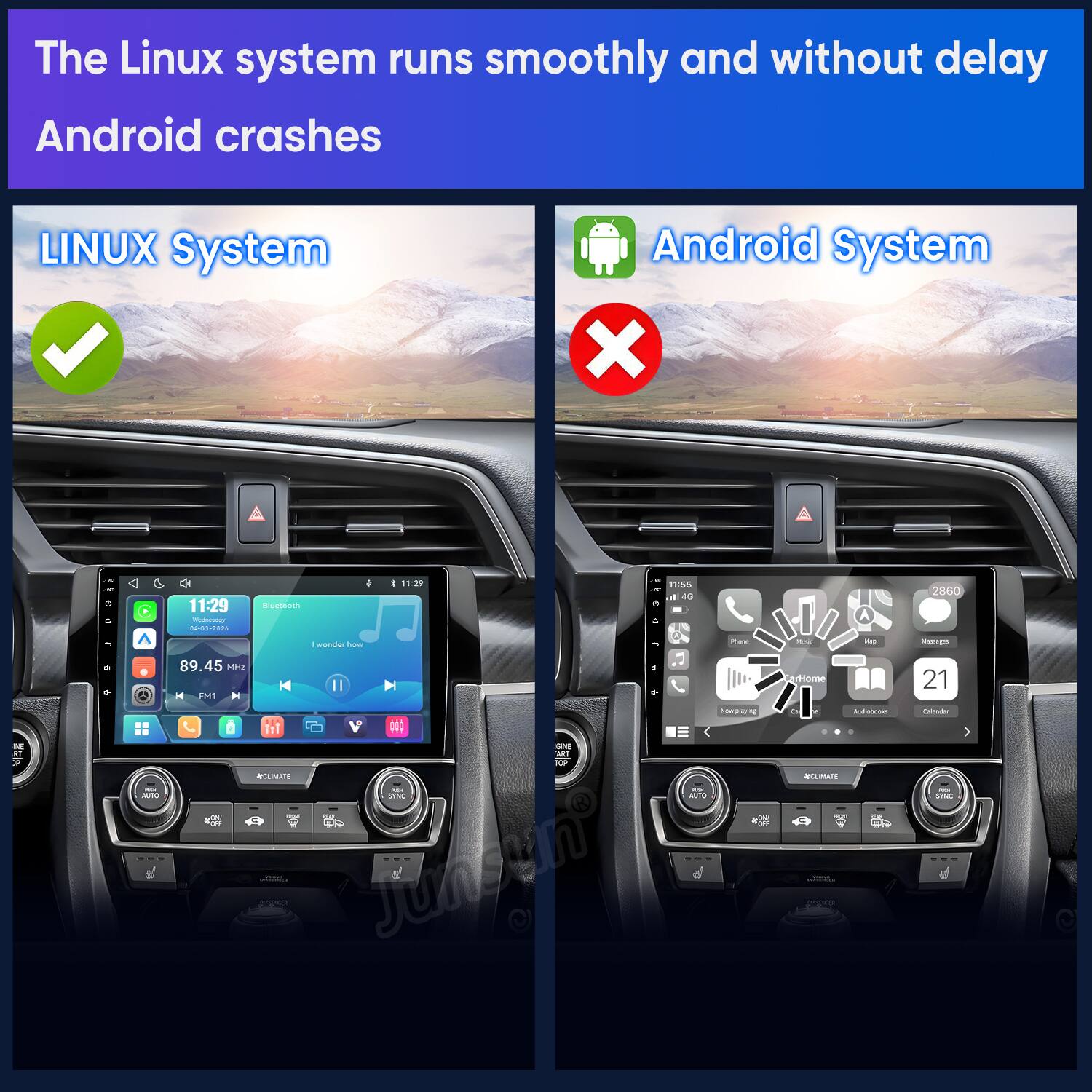 The Linux system runs smoothly and without delay Android crashes

LINUX System
Android System X

0
11:29 Wednesday 04-03-2026
Bluetooth
I 11:29
11:55 a 4G
2860
1 wonder how
Phone
Music
Ko
sups

- AUTO
89.45 MHz K FM1 111 GAE ART TOP @CLIMATE M  SYNC AUTO OF POTATER Junium
CarHome for Twiet Redialmada CLIMATE TM 26 OFF 
21 Calendar MV SINC