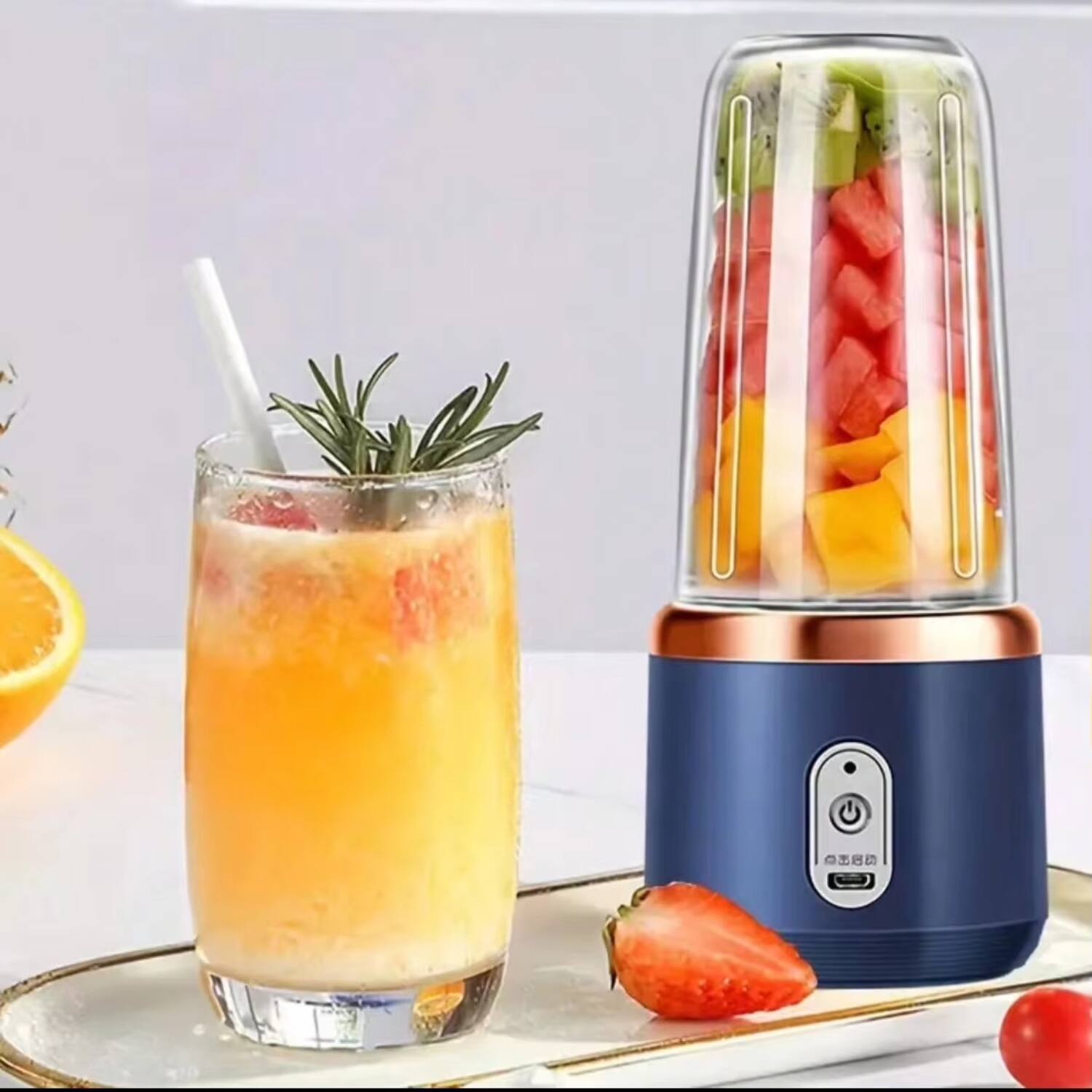 Angle. Luckbyte - Compact Rechargeable Travel Smoothie Blender - Blue.