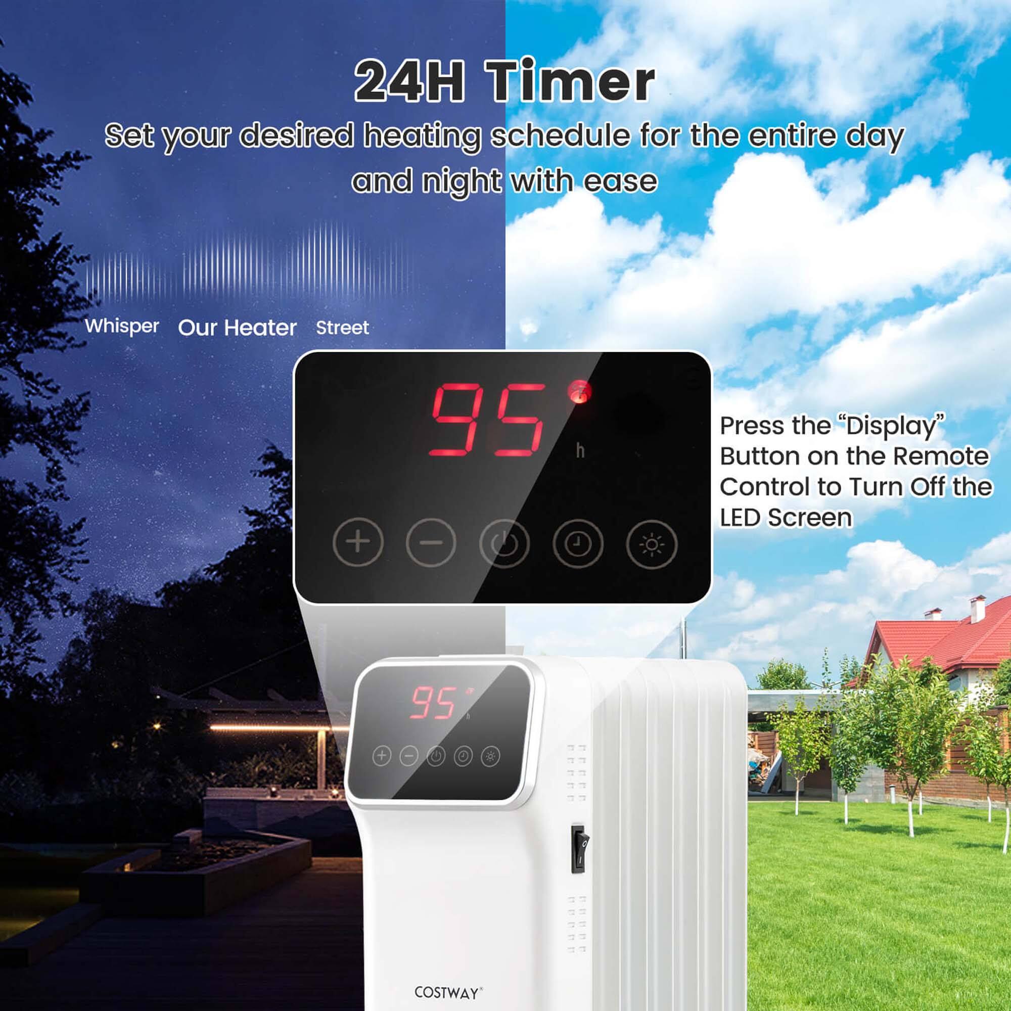 24H Timer  
Set your desired heating schedule for the entire day and night with ease  

Whisper Our Heater Street  

Press the "Display" Button on the Remote Control to Turn Off the LED Screen  

COSTWAY