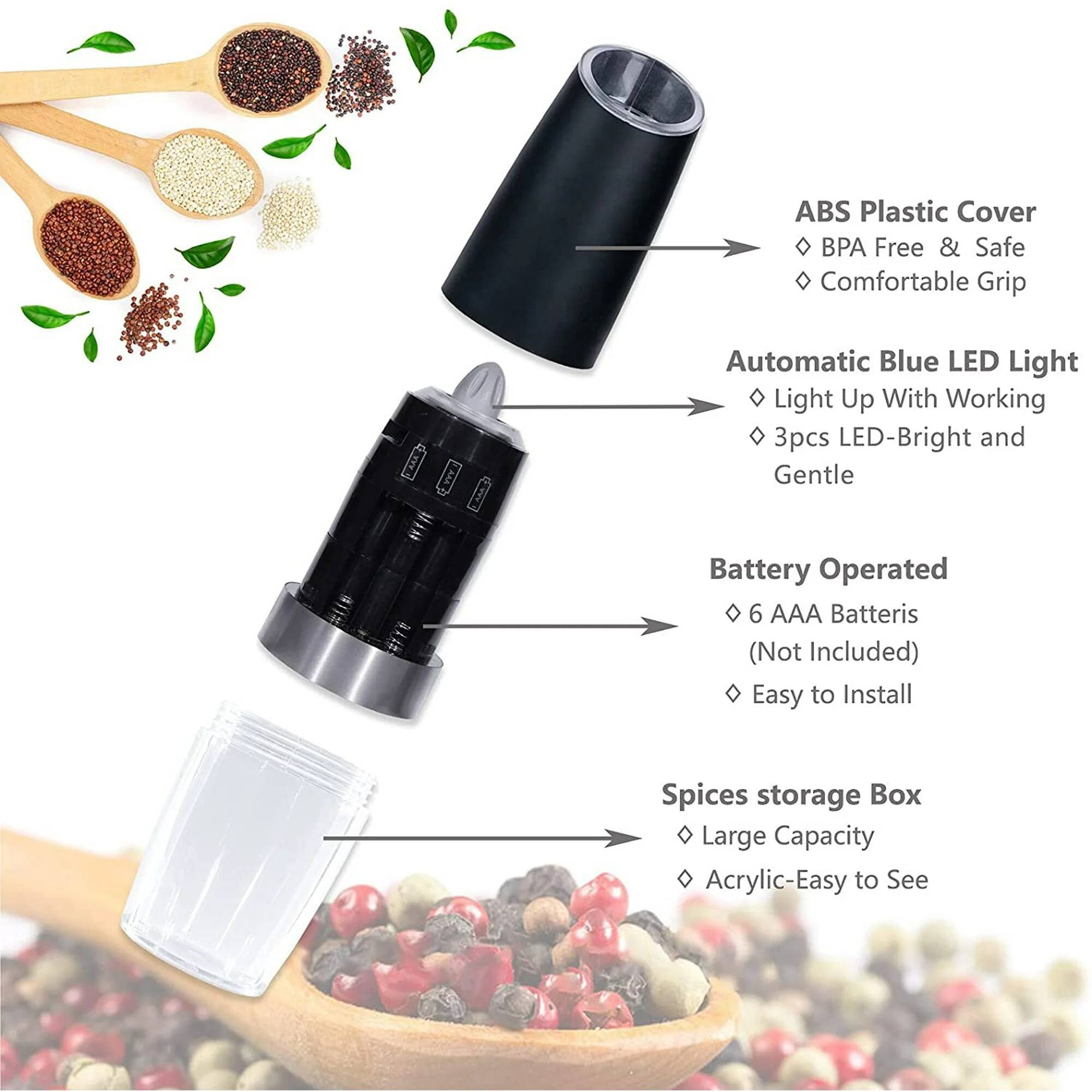 ABS Plastic Cover  
- BPA Free & Safe  
- Comfortable Grip  

Automatic Blue LED Light  
- Light Up With Working  
- 3pcs LED-Bright and Gentle  

Battery Operated  
- 6 AAA Batteries (Not Included)  
- Easy to Install  

Spices storage Box  
- Large Capacity  
- Acrylic-Easy to See