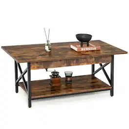 Pefilos - 2-Tier Industrial Rectangular Coffee Table with Storage Shelf-Rustic Modern Coffee Table for Living Room Office - Brown