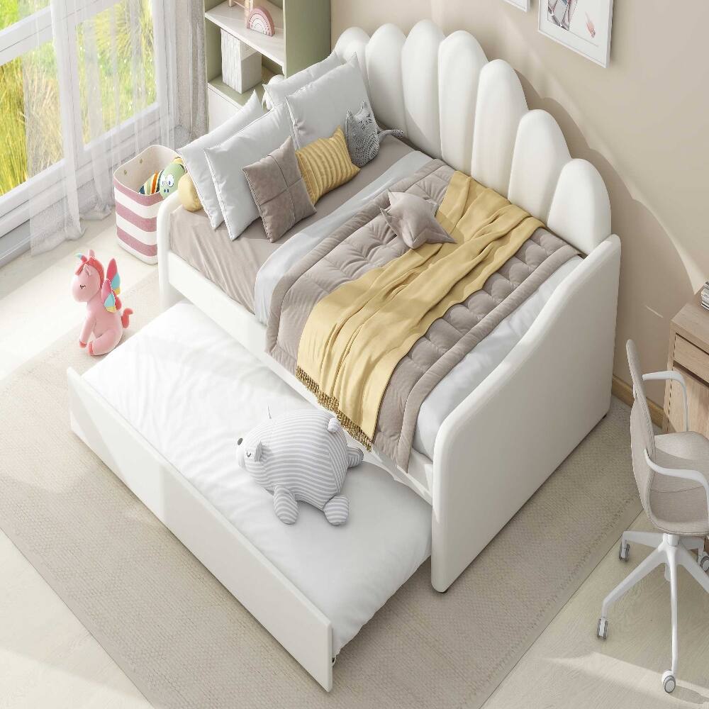 Alt View 2. Loheer - Loheer Full Size Upholstered Daybed with Trundle White Velvet Shell Shaped Backrest Sofa Bed - White.