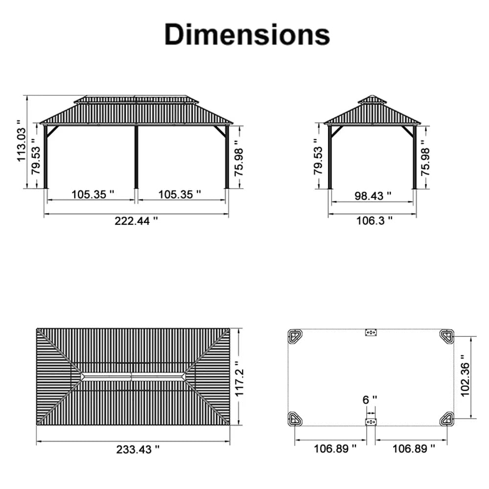 Dimensions = 113.03" x 79.53" x 105.35"  
105.35" x 75.98" x 79.53"  
98.43" x 75.98" x 222.44"  
106.3" x 117.2" x 6"  
102.36" x 233.43" x 106.89" x 106.89"