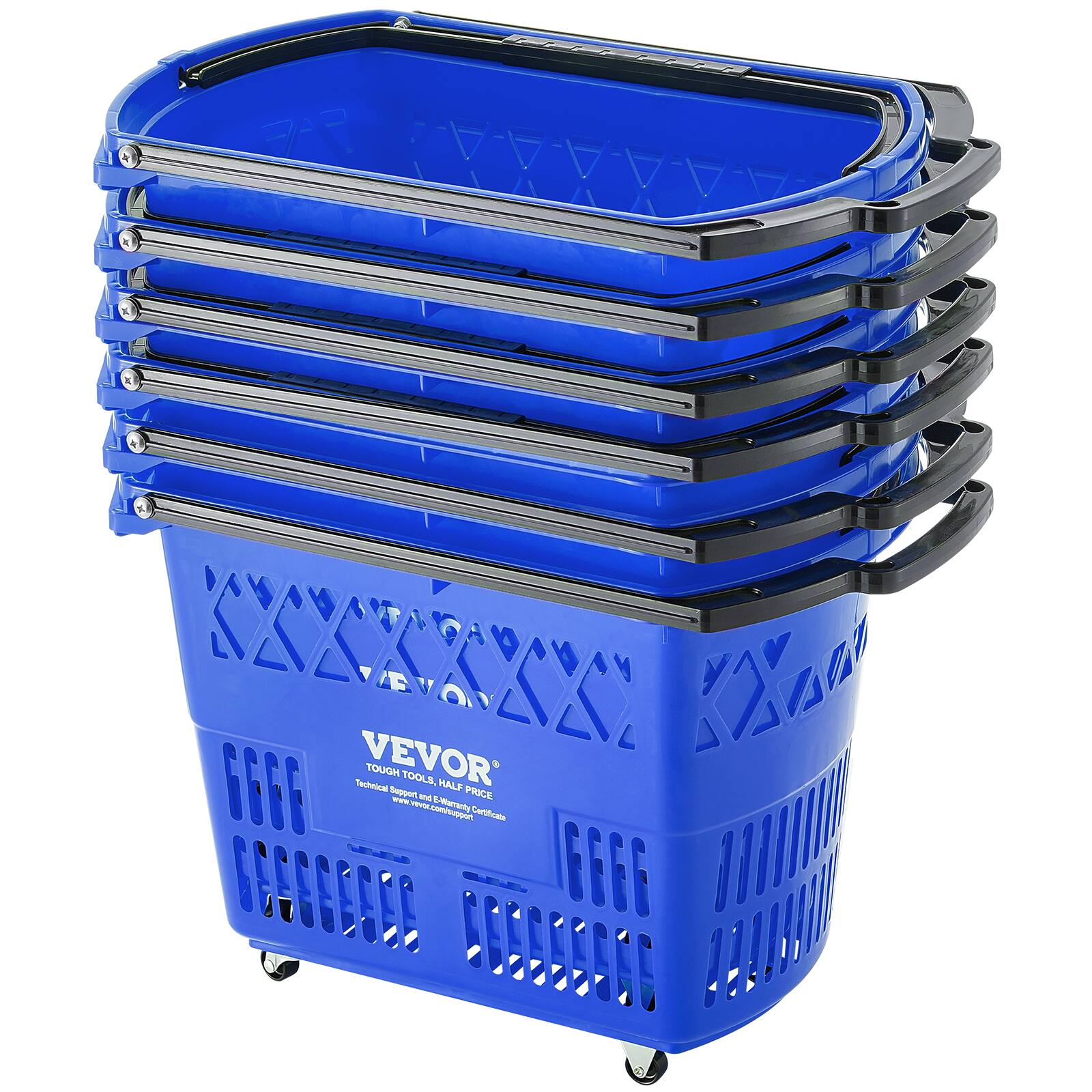 VEVOR - Shopping Baskets, 6PCS, 39L Shopping Carts with Handles, Plastic Rolling Shopping Basket with Wheels, Large Portable - Blue