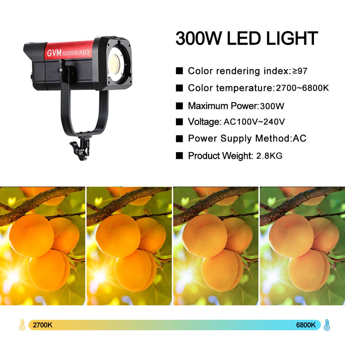 GVM SD300B AIO 300W LED LIGHT

- Color rendering index: ≥97
- Color temperature: 2700~6800K
- Maximum Power: 300W
- Voltage: AC100V-240V
- Power Supply Method: AC
- Product Weight: 2.8KG

2700K 6800K