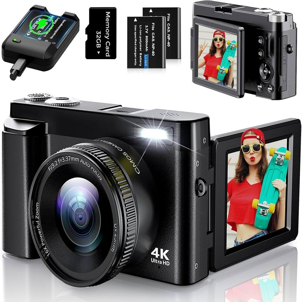 ACJPR - 4K Digital Camera, 48MP, 16X Zoom, 180° Flip Screen, 32GB Card, Black