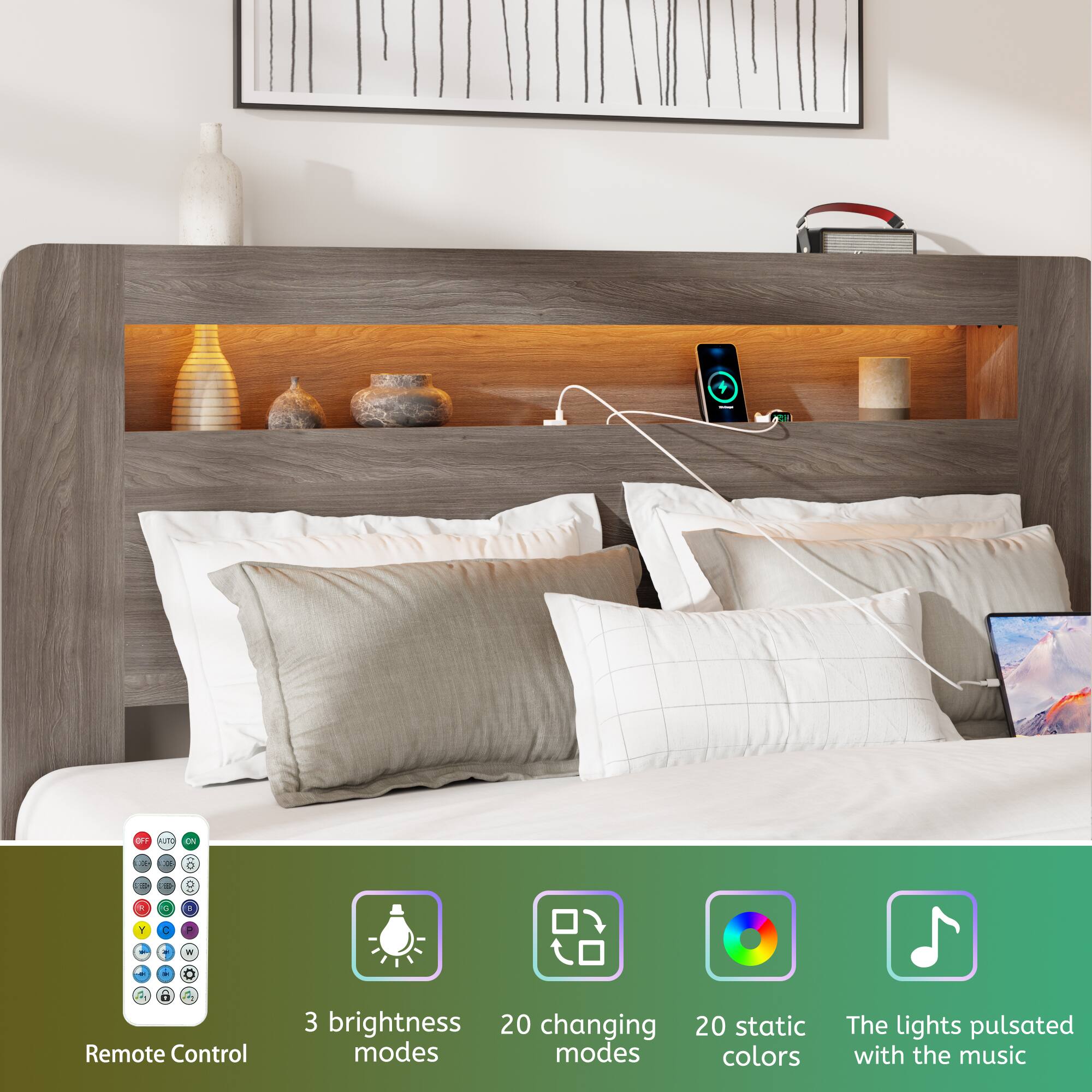 Remote Control

3 brightness modes

20 changing modes

20 static colors

The lights pulsed with the music