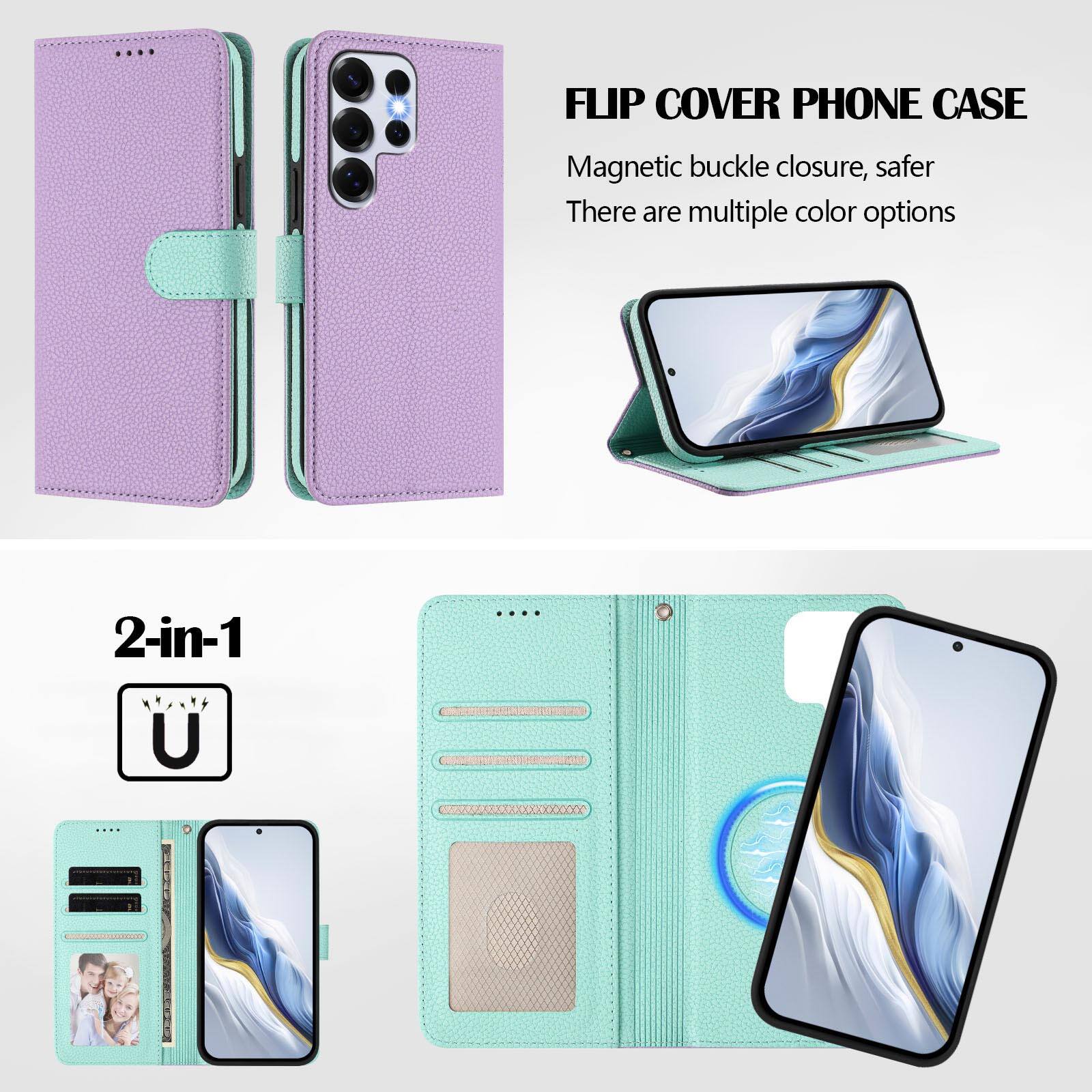 FLIP COVER PHONE CASE  
Magnetic buckle closure, safer  
There are multiple color options  

2-in-1