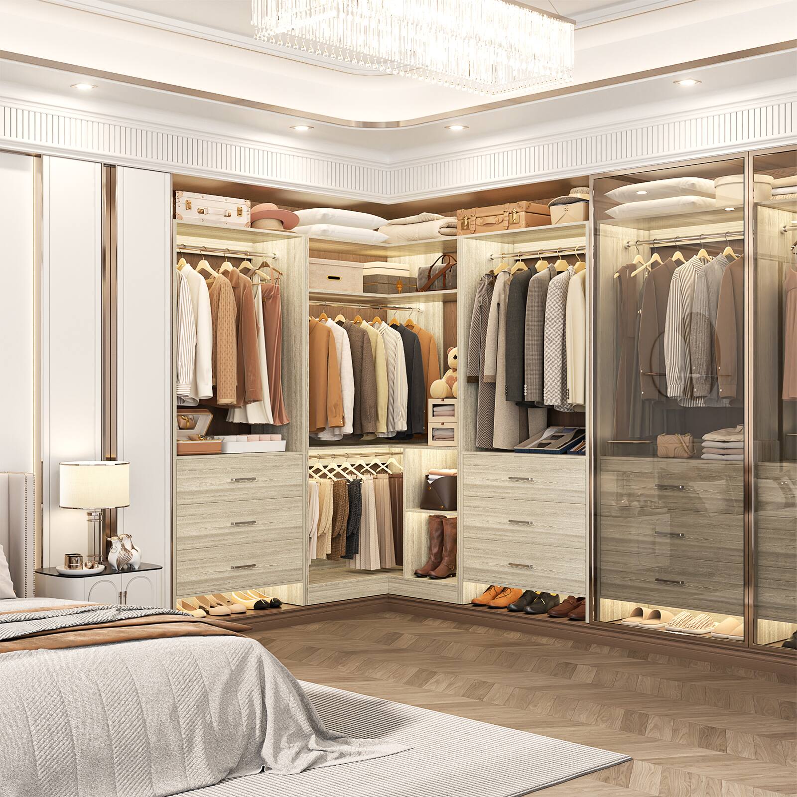 Alt View 2. Aheaplus - 4FT Closet Organizer with Hanging Rods and Drawers, Clothes Rack for Small Space, Set of 2 - Beige Oak.