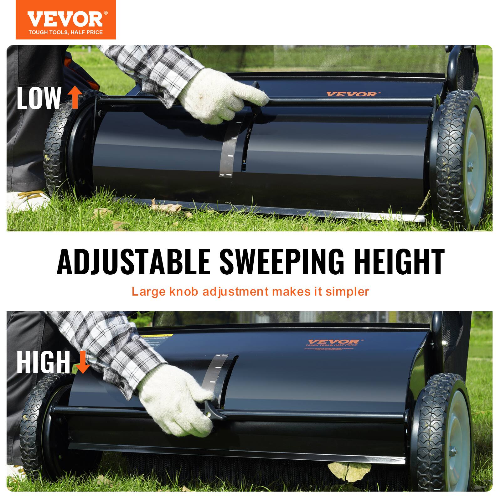 VEVOR TOUGH TOOLS, HALF PRICE LOW ADJUSTABLE SWEEPING HEIGHT Large knob adjustment makes it simpler HIGH VEVOR