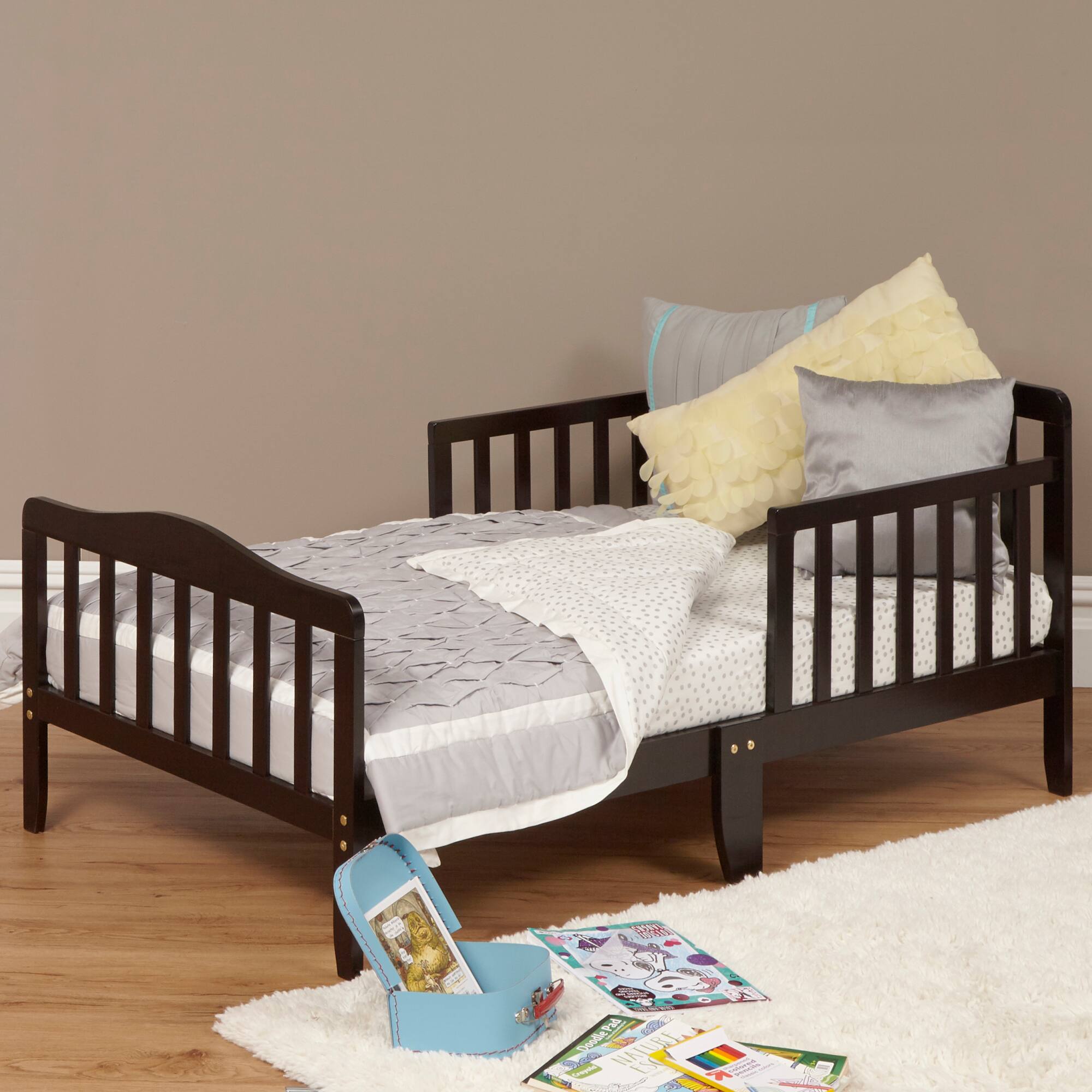 GOODSILO - Classic Solid Wood Toddler Bed with Safety Rails for Child's Room Transition - Espresso