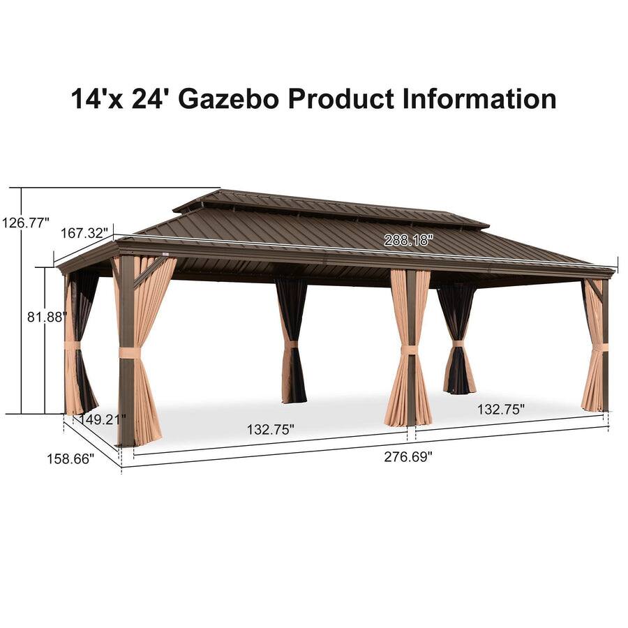 14' x 24' Gazebo Product Information

- 126.77"
- 167.32"
- 288.18"
- 81.88"
- 49.21"
- 132.75"
- 132.75"
- 158.66"
- 276.69"