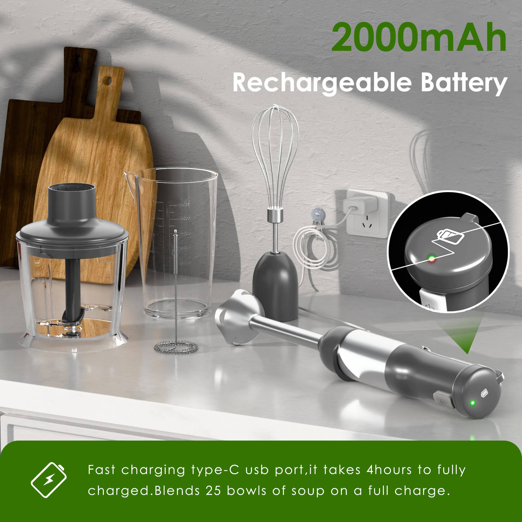 2000mAh Rechargeable Battery

Fast charging type-C USB port, it takes 4 hours to fully charged. Blends 25 bowls of soup on a full charge.