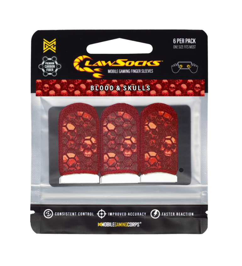 6 PER PACK  
ONE SIZE FITS MOST  

LAW SOCKS  
MOBILE GAMING FINGER SLEEVES  

BLOOD & SKULLS  

CARBON FIBER  

CONSISTENT CONTROL  
IMPROVED ACCURACY  
FASTER REACTION  

MOBILEGAMINGCORPS