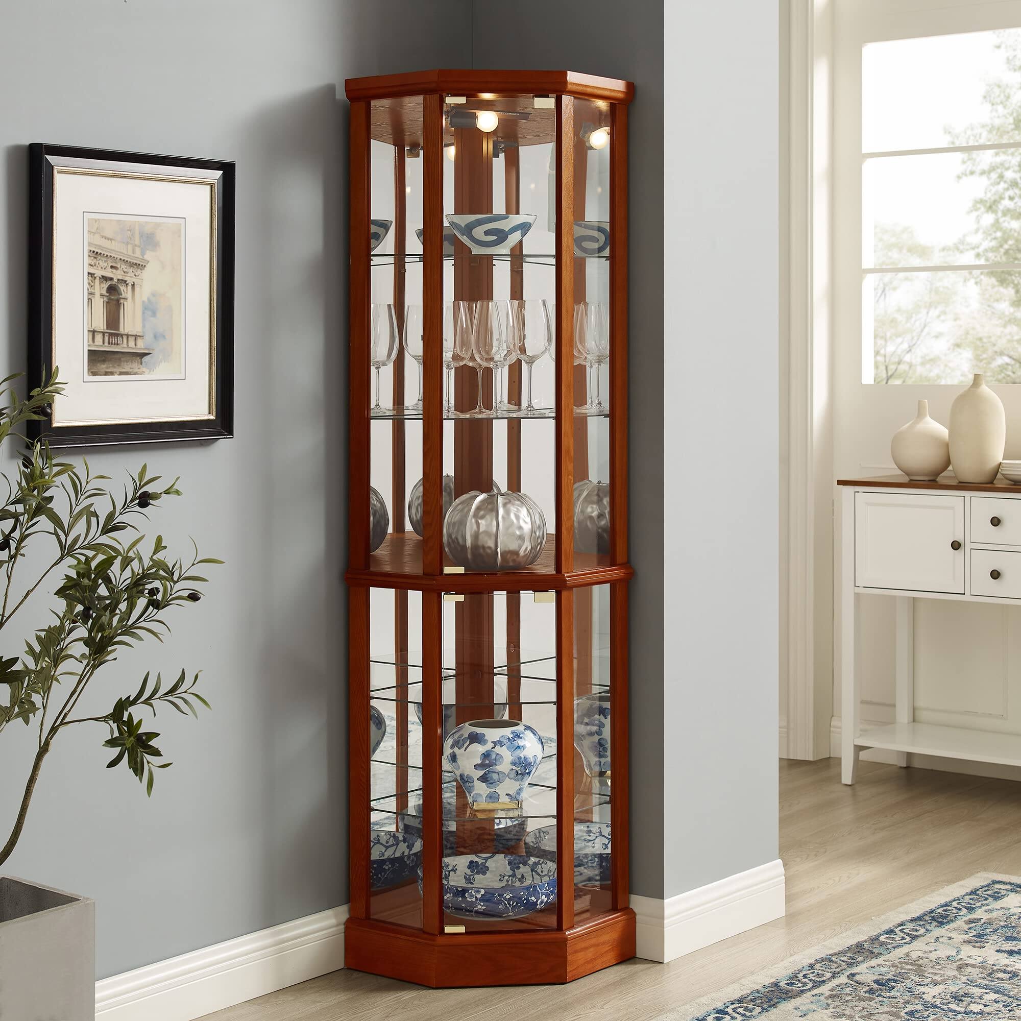 Angle. APRILSOUL - Corner Curio Cabinet with Mirrored Panel Tempered Glass Shelves and Transitional Style - Oak.