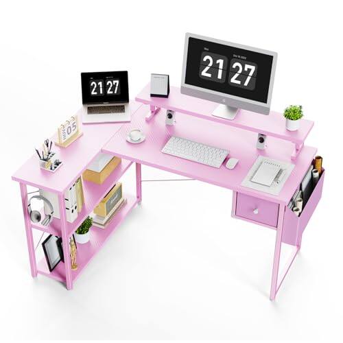 Front. Hirose Alice - L Shaped Gaming Desk   Computer With Adjustable Stand & Rgb Lights Corner For Power Outlet Carbon Fiber Textur - Carbon Fiber Pink-47 Inch.