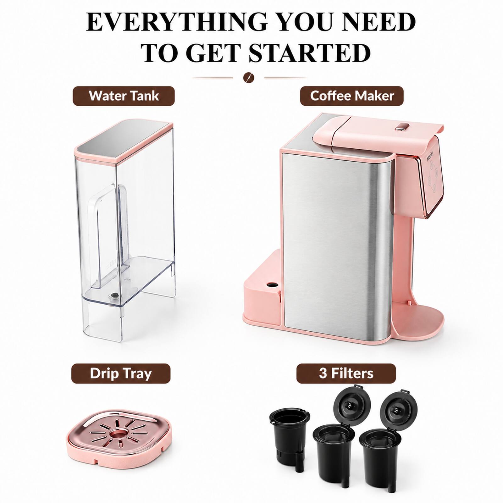 EVERYTHING YOU NEED TO GET STARTED

- Water Tank
- Coffee Maker
- Drip Tray
- 3 Filters