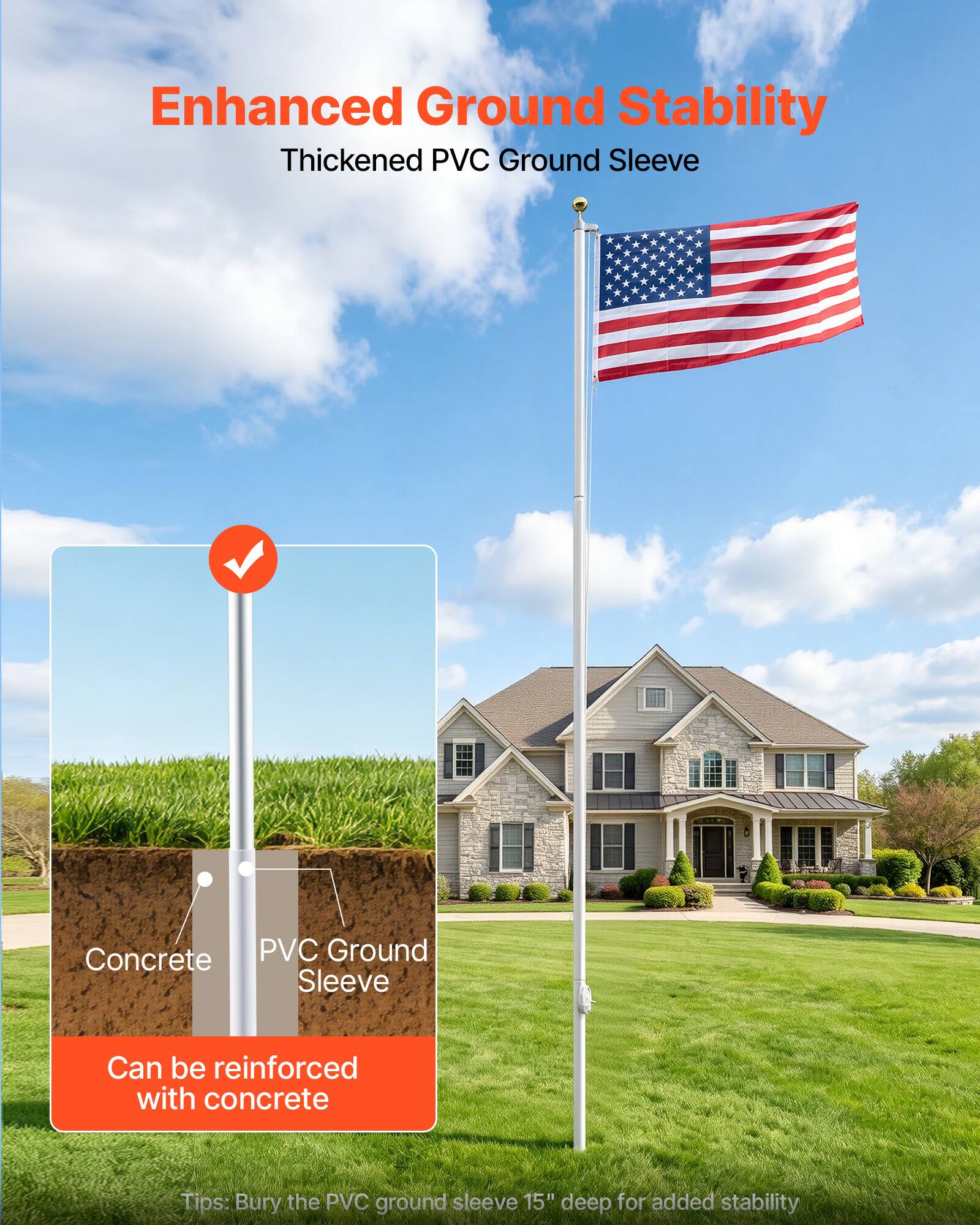 Enhanced Ground Stability  
Thickened PVC Ground Sleeve  
Concrete PVC Ground Sleeve  
Can be reinforced with concrete  
Tips: Bury the PVC ground sleeve 15" deep for added stability