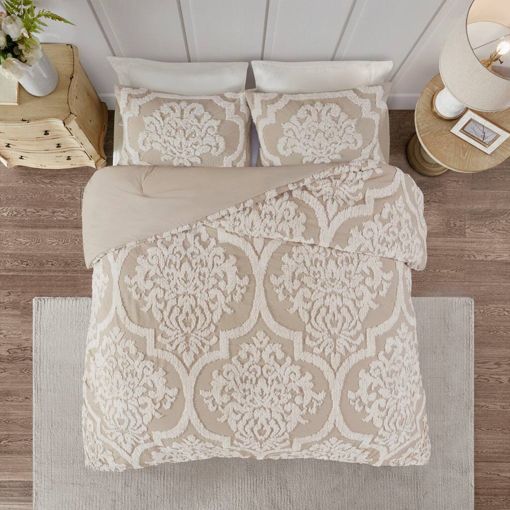 Alt View 1. Gracie Mills - Gracie Mills Fitzpatrick 3 piece Tufted Cotton Chenille Damask Comforter Set - Taupe.