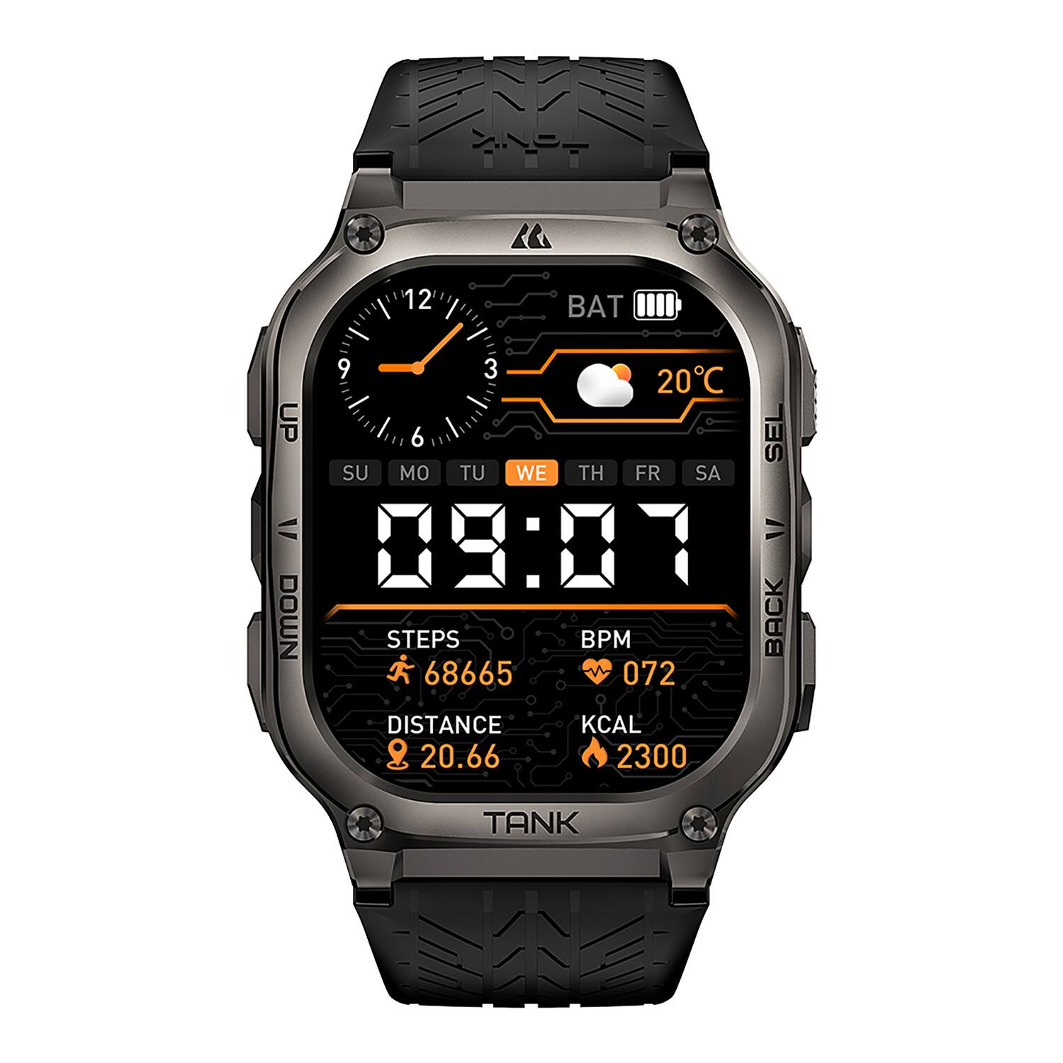 12 BAT 9 3 20C UP 6 SEL SU MO TU WE TH FR SA V = 09:07 DOWN STEPS BPM BACK 68665 072 DISTANCE 20.66 KCAL 2300 TANK