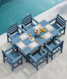 SERWALL - 7 Pcs Outdoor Dining Set, Outdoor Dining Furniture with Rectangular Table & 6 Chairs, All-Weather Resistant Dining Set - Blue
