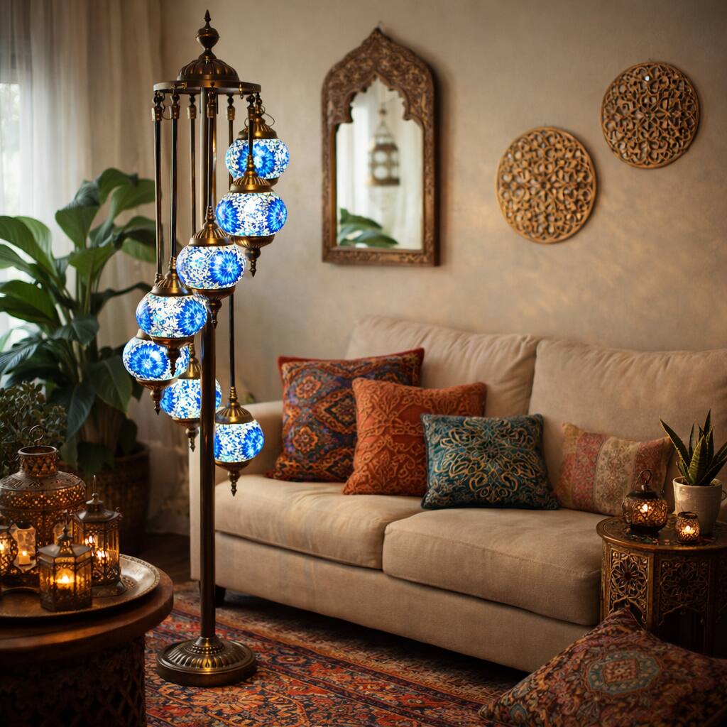 FC Design - 46"H Antique Bronze Blue Mosaic 7-Light Staircase Turkish Lamp