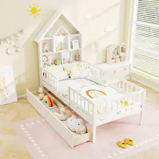 Front. Gymax - Gymax Twin Size House Bed w/ 2 Drawers Kids Montessori Bed w/ Storage Headboard - White.