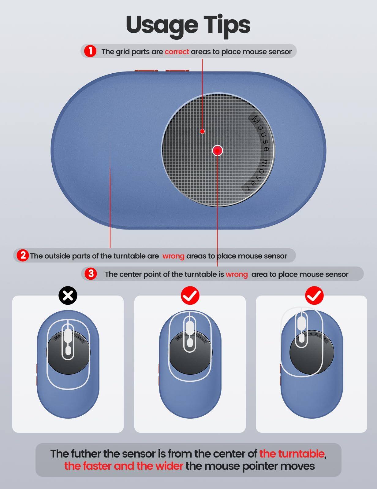 Usage Tips

1. The grid parts are correct areas to place mouse sensor.

2. The outside parts of the turntable are wrong areas to place mouse sensor.

3. The center point of the turntable is wrong area to place mouse sensor.

The further the sensor is from the center of the turntable, the faster and the wider the mouse pointer moves.