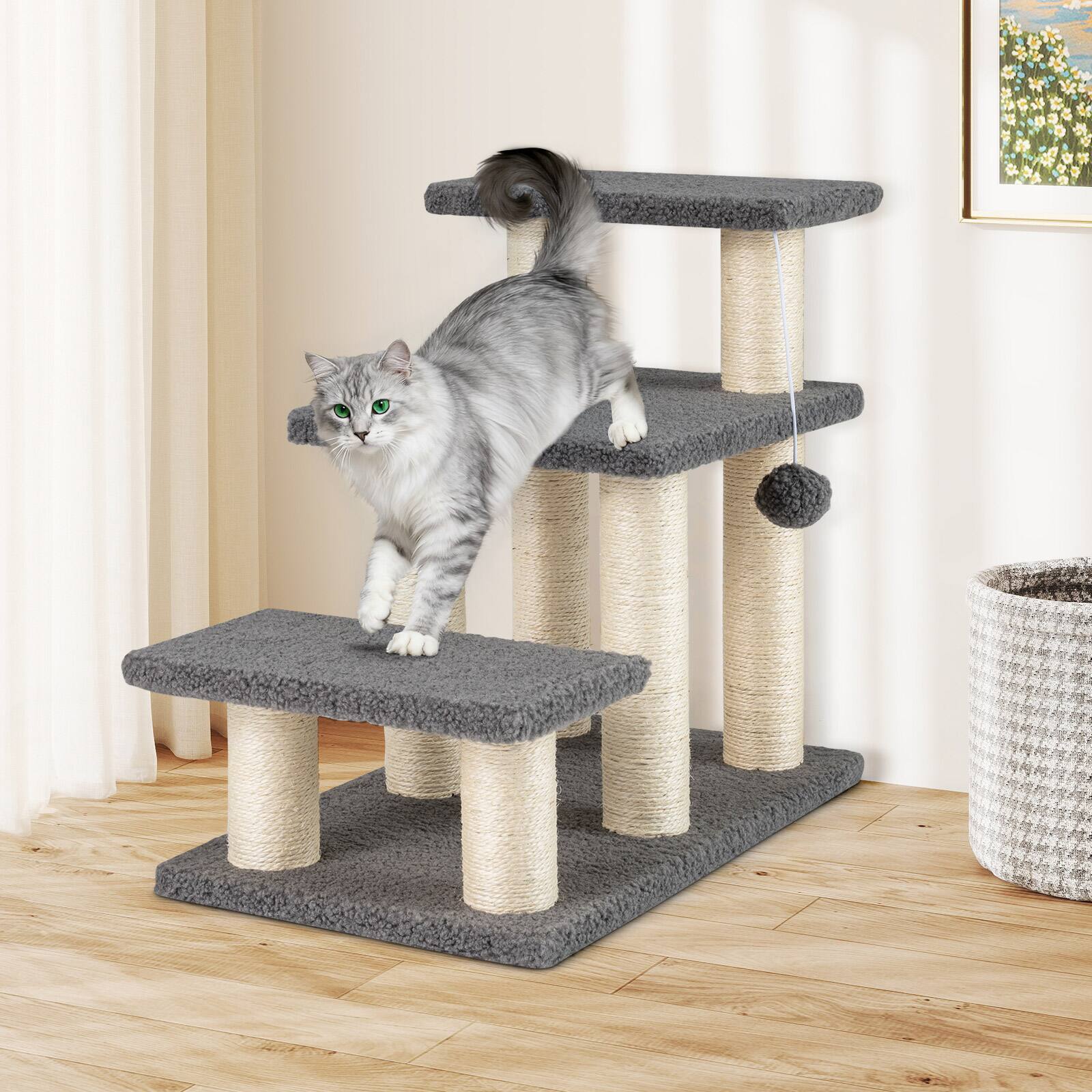 Alt View 3. Gymax - Gymax 2-in-1 Cat Tree Tower Pet Steps w/ Scratching Posts Hanging Toy Ball Perch - GYM19078.