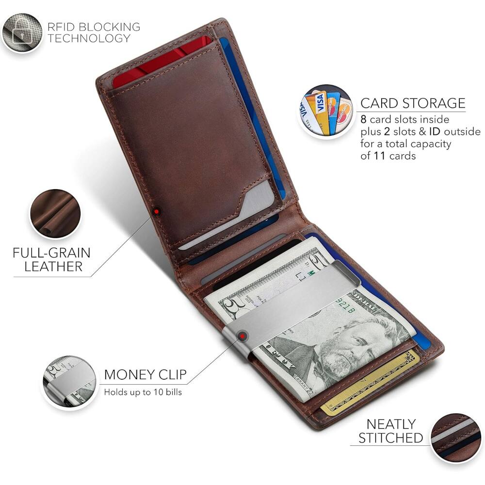RFID BLOCKING TECHNOLOGY

CARD STORAGE
8 card slots inside plus 2 slots & ID outside for a total capacity of 11 cards

FULL-GRAIN LEATHER

MONEY CLIP
Holds up to 10 bills

NEATLY STITCHED