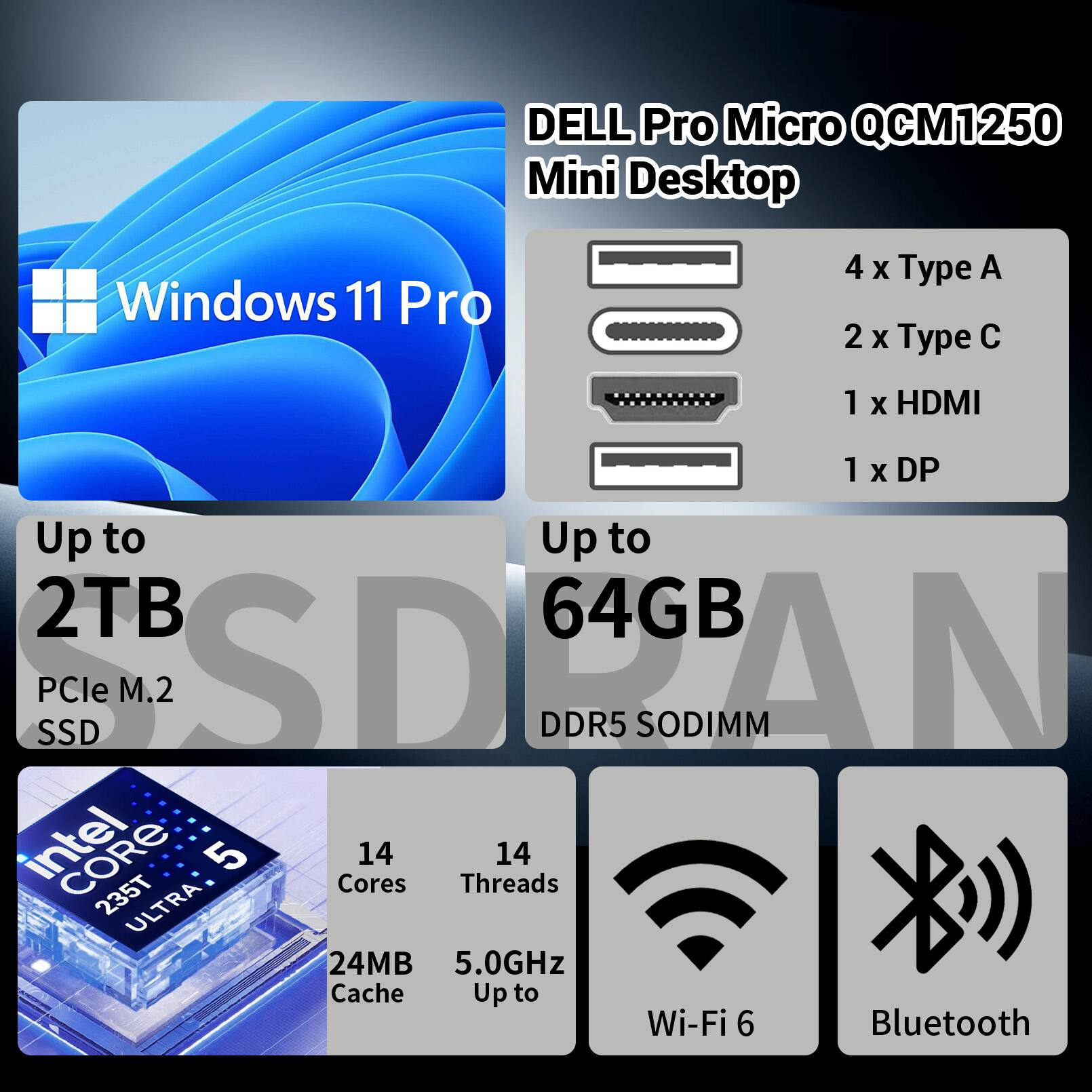 DELL Pro Micro QCM1250 Mini Desktop  
Windows 11 Pro  
4 x Type A  
2 x Type C  
1 x HDMI  
1 x DP  
Up to 2TB PCIe M.2 SSD  
Up to 64GB DDR5 SODIMM  
Intel Core i5 235T ULTRA  
14 Cores  
14 Threads  
24MB Cache  
Up to 5.0GHz  
Wi-Fi 6  
Bluetooth